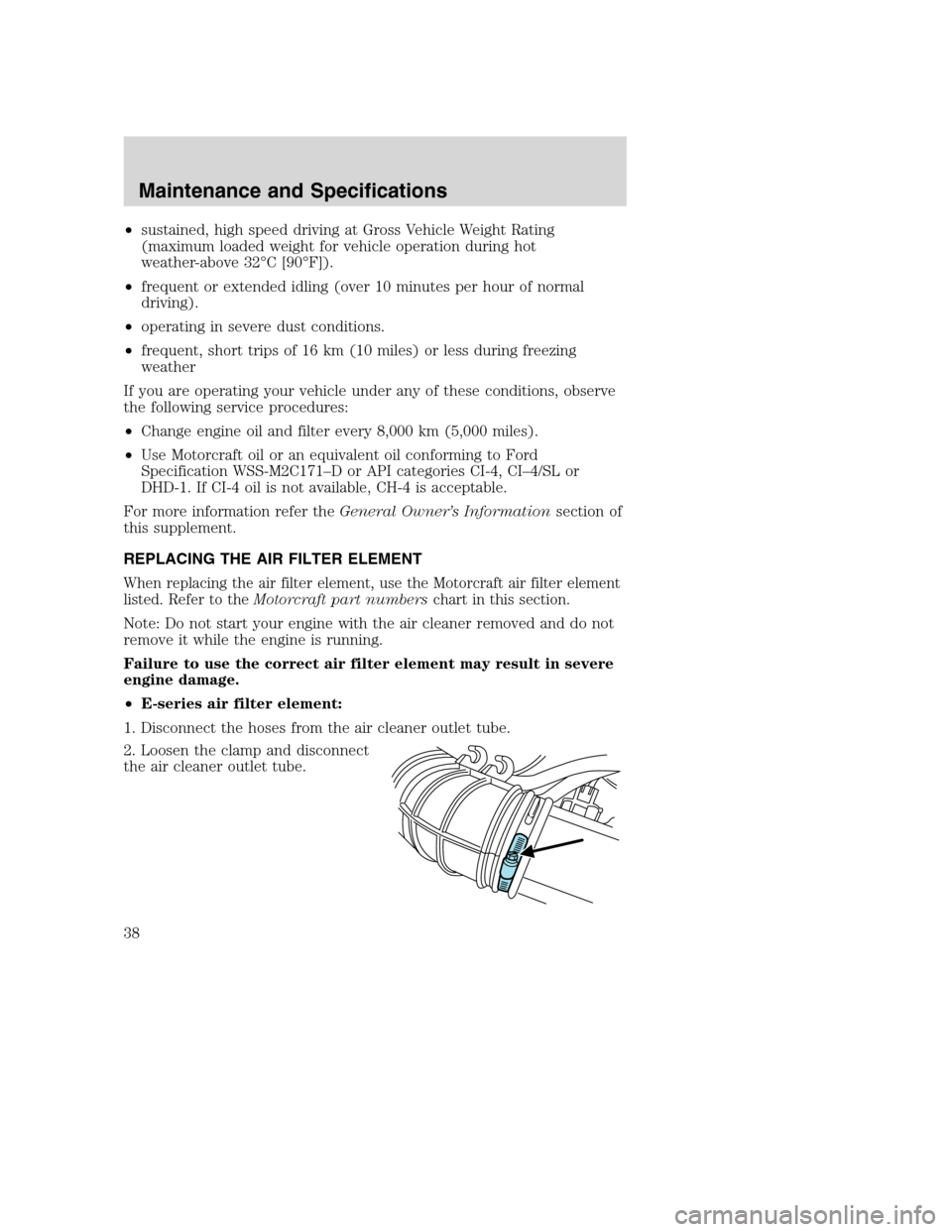 FORD SUPER DUTY 2005 1.G Diesel Supplement Manual •sustained, high speed driving at Gross Vehicle Weight Rating
(maximum loaded weight for vehicle operation during hot
weather-above 32°C [90°F]).
•frequent or extended idling (over 10 minutes pe