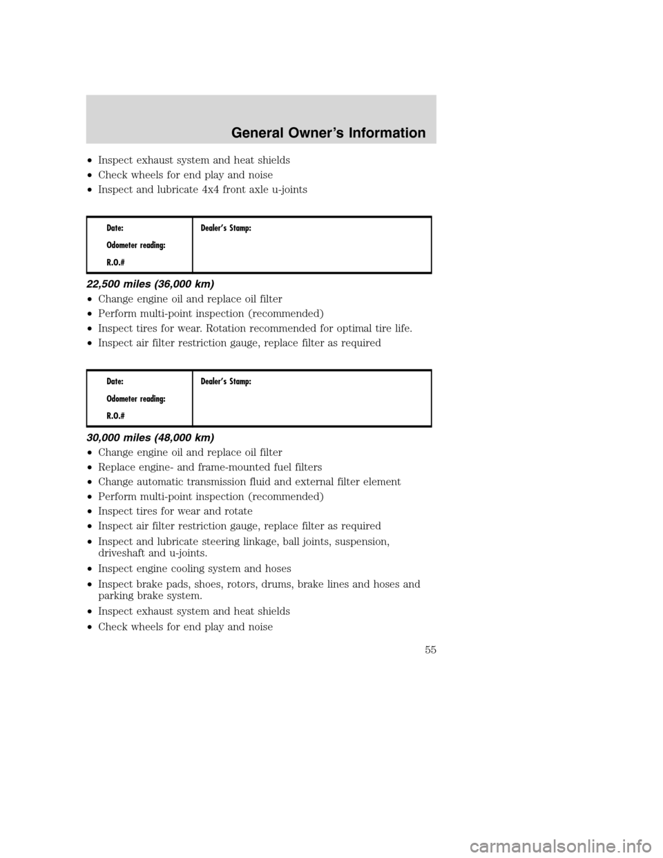 FORD SUPER DUTY 2005 1.G Diesel Supplement Manual •Inspect exhaust system and heat shields
•Check wheels for end play and noise
•Inspect and lubricate 4x4 front axle u-joints
Date:
Odometer reading:
R.O.#Dealer’s Stamp:
22,500 miles (36,000 k
