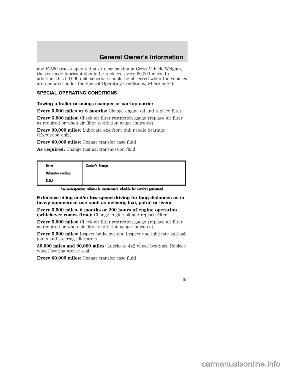 FORD SUPER DUTY 2005 1.G Diesel Supplement Manual and F-550 trucks operated at or near maximum Gross Vehicle Weights,
the rear axle lubricant should be replaced every 50,000 miles. In
addition, this 50,000 mile schedule should be observed when the ve FORD SUPER DUTY 2005 1.G Diesel Supplement Manual and F-550 trucks operated at or near maximum Gross Vehicle Weights,
the rear axle lubricant should be replaced every 50,000 miles. In
addition, this 50,000 mile schedule should be observed when the ve
