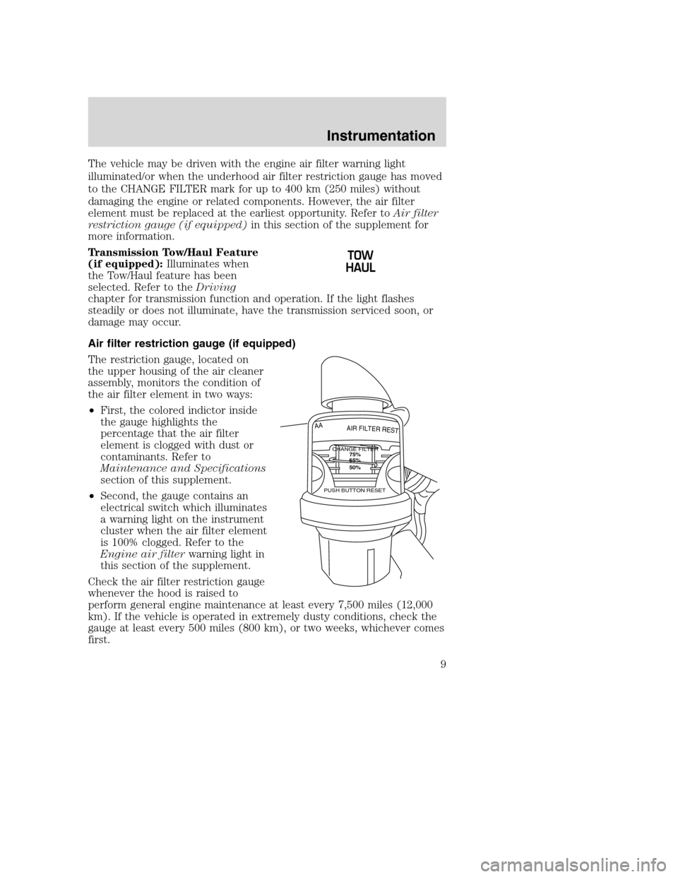 FORD SUPER DUTY 2005 1.G Diesel Supplement Manual The vehicle may be driven with the engine air filter warning light
illuminated/or when the underhood air filter restriction gauge has moved
to the CHANGE FILTER mark for up to 400 km (250 miles) witho