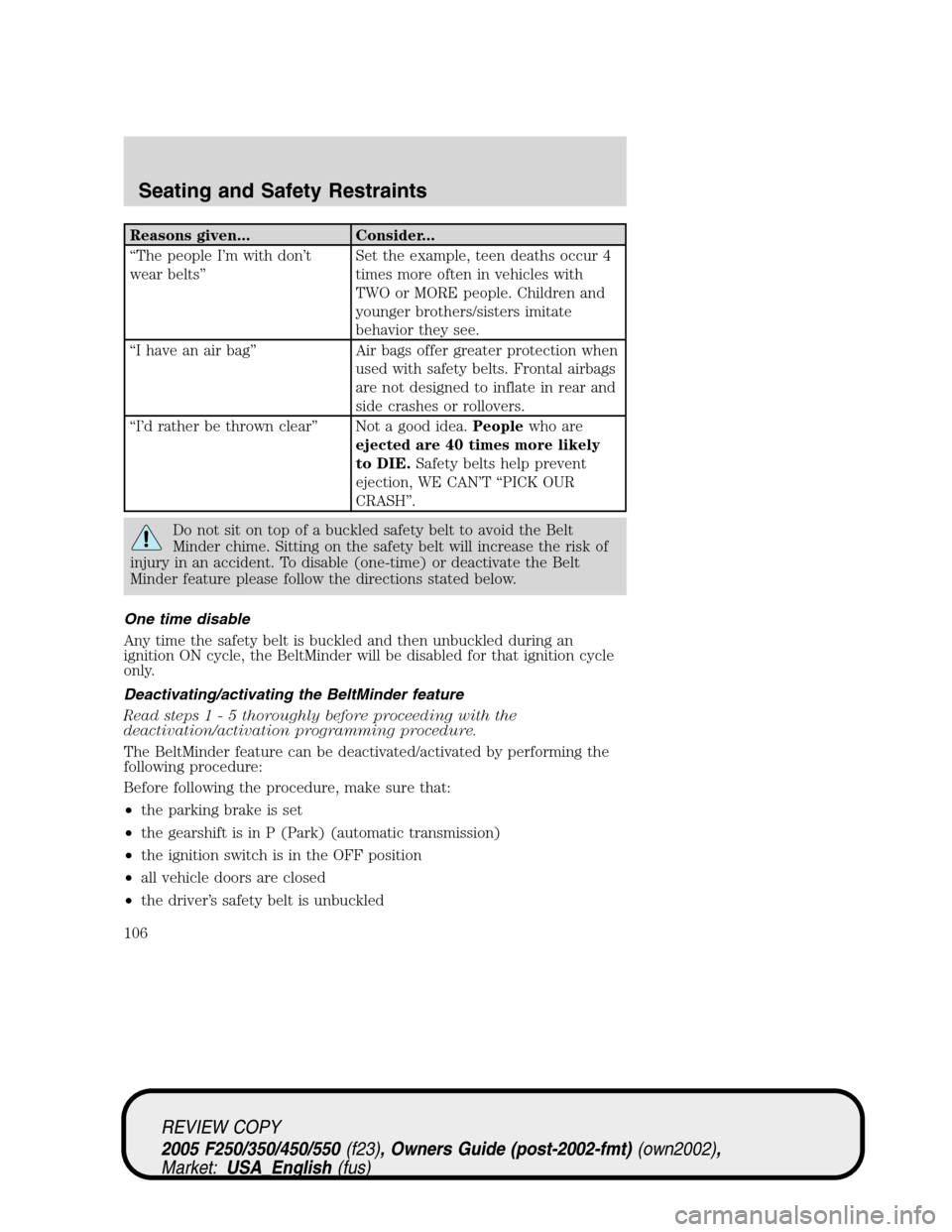 FORD SUPER DUTY 2005 1.G Owners Manual Reasons given... Consider...
“The people I’m with don’t
wear belts”Set the example, teen deaths occur 4
times more often in vehicles with
TWO or MORE people. Children and
younger brothers/sist