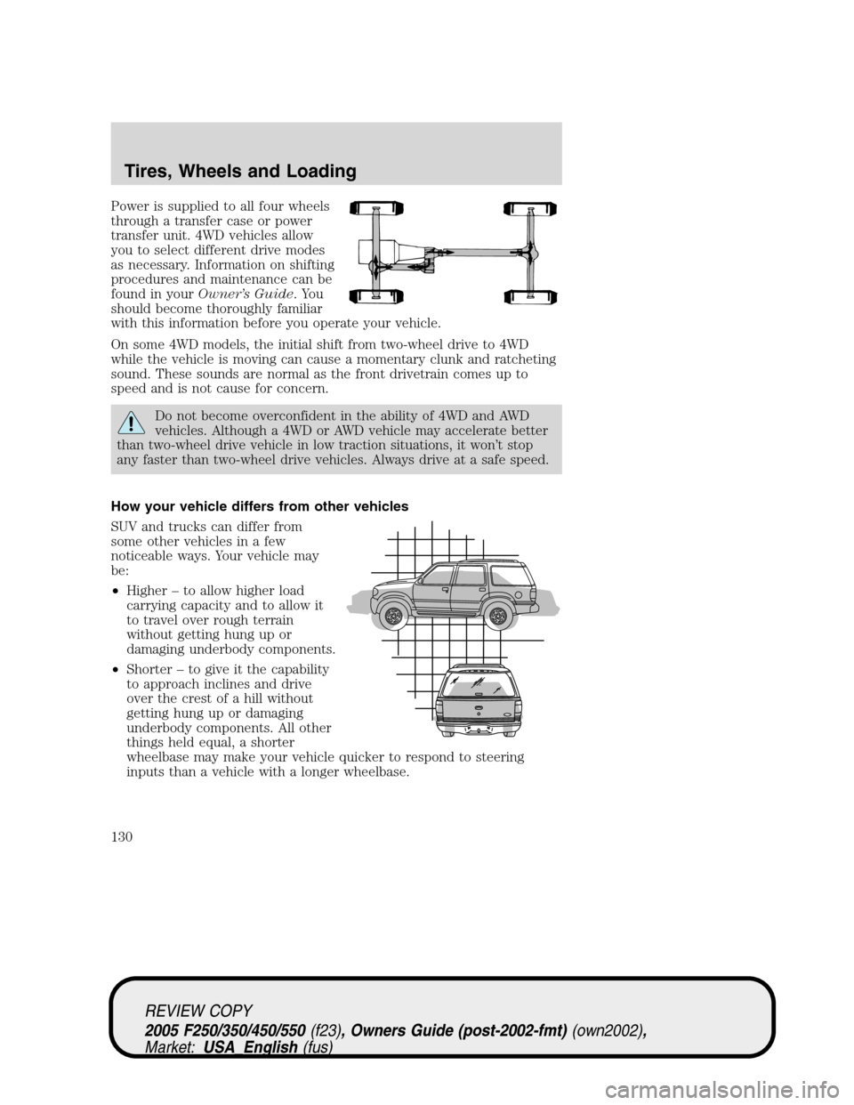 FORD SUPER DUTY 2005 1.G Owners Manual Power is supplied to all four wheels
through a transfer case or power
transfer unit. 4WD vehicles allow
you to select different drive modes
as necessary. Information on shifting
procedures and mainten