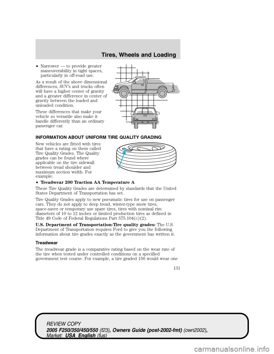 FORD SUPER DUTY 2005 1.G Owners Manual •Narrower — to provide greater
maneuverability in tight spaces,
particularly in off-road use.
As a result of the above dimensional
differences, SUV’s and trucks often
will have a higher center o FORD SUPER DUTY 2005 1.G Owners Manual •Narrower — to provide greater
maneuverability in tight spaces,
particularly in off-road use.
As a result of the above dimensional
differences, SUV’s and trucks often
will have a higher center o