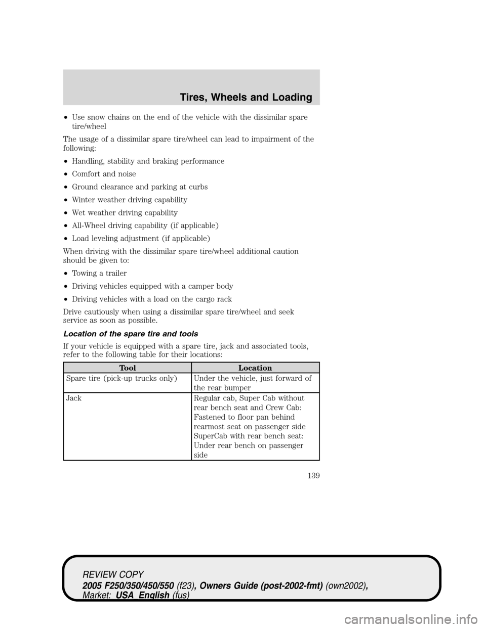 FORD SUPER DUTY 2005 1.G Owners Manual •Use snow chains on the end of the vehicle with the dissimilar spare
tire/wheel
The usage of a dissimilar spare tire/wheel can lead to impairment of the
following:
•Handling, stability and braking FORD SUPER DUTY 2005 1.G Owners Manual •Use snow chains on the end of the vehicle with the dissimilar spare
tire/wheel
The usage of a dissimilar spare tire/wheel can lead to impairment of the
following:
•Handling, stability and braking