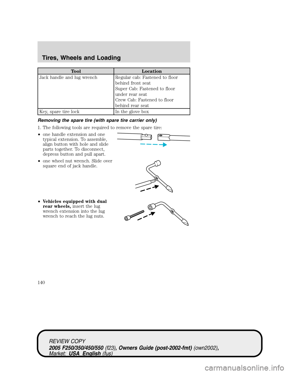 FORD SUPER DUTY 2005 1.G Owners Manual Tool Location
Jack handle and lug wrench Regular cab: Fastened to floor
behind front seat
Super Cab: Fastened to floor
under rear seat
Crew Cab: Fastened to floor
behind rear seat
Key, spare tire lock FORD SUPER DUTY 2005 1.G Owners Manual Tool Location
Jack handle and lug wrench Regular cab: Fastened to floor
behind front seat
Super Cab: Fastened to floor
under rear seat
Crew Cab: Fastened to floor
behind rear seat
Key, spare tire lock
