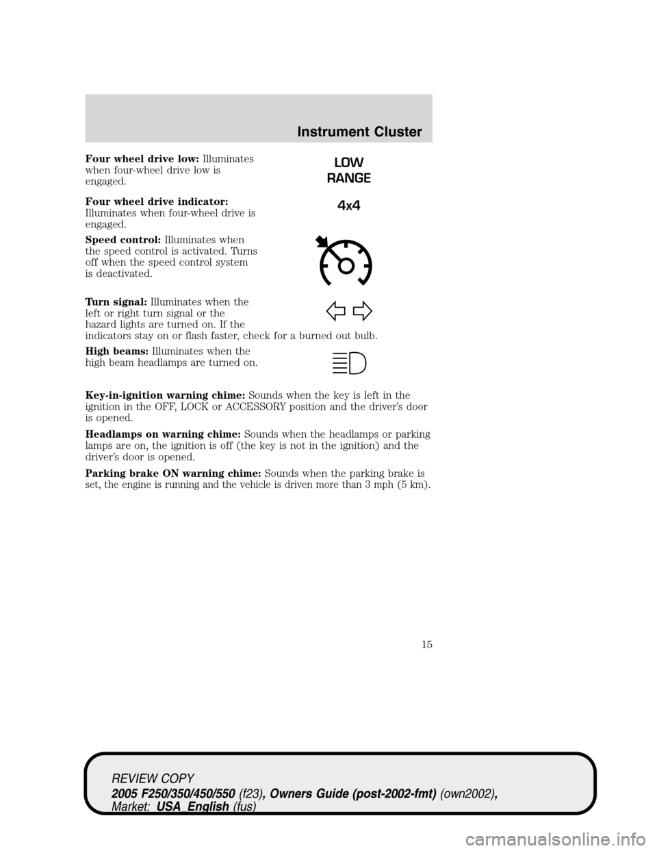 FORD SUPER DUTY 2005 1.G User Guide Four wheel drive low:Illuminates
when four-wheel drive low is
engaged.
Four wheel drive indicator:
Illuminates when four-wheel drive is
engaged.
Speed control:Illuminates when
the speed control is act