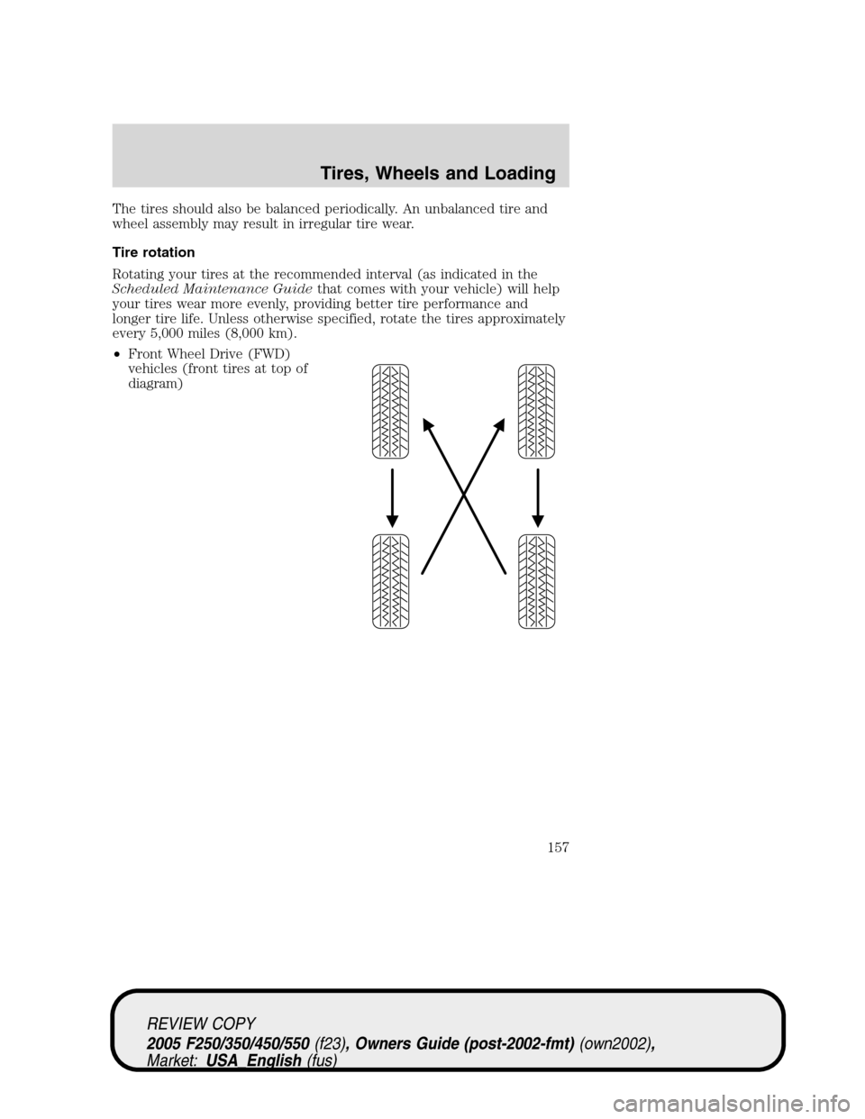FORD SUPER DUTY 2005 1.G Owners Manual The tires should also be balanced periodically. An unbalanced tire and
wheel assembly may result in irregular tire wear.
Tire rotation
Rotating your tires at the recommended interval (as indicated in FORD SUPER DUTY 2005 1.G Owners Manual The tires should also be balanced periodically. An unbalanced tire and
wheel assembly may result in irregular tire wear.
Tire rotation
Rotating your tires at the recommended interval (as indicated in