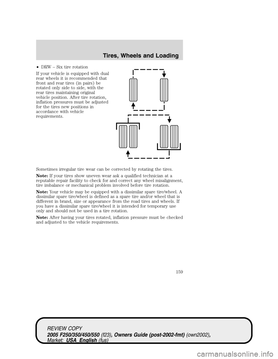 FORD SUPER DUTY 2005 1.G Owners Manual •DRW – Six tire rotation
If your vehicle is equipped with dual
rear wheels it is recommended that
front and rear tires (in pairs) be
rotated only side to side, with the
rear tires maintaining orig FORD SUPER DUTY 2005 1.G Owners Manual •DRW – Six tire rotation
If your vehicle is equipped with dual
rear wheels it is recommended that
front and rear tires (in pairs) be
rotated only side to side, with the
rear tires maintaining orig