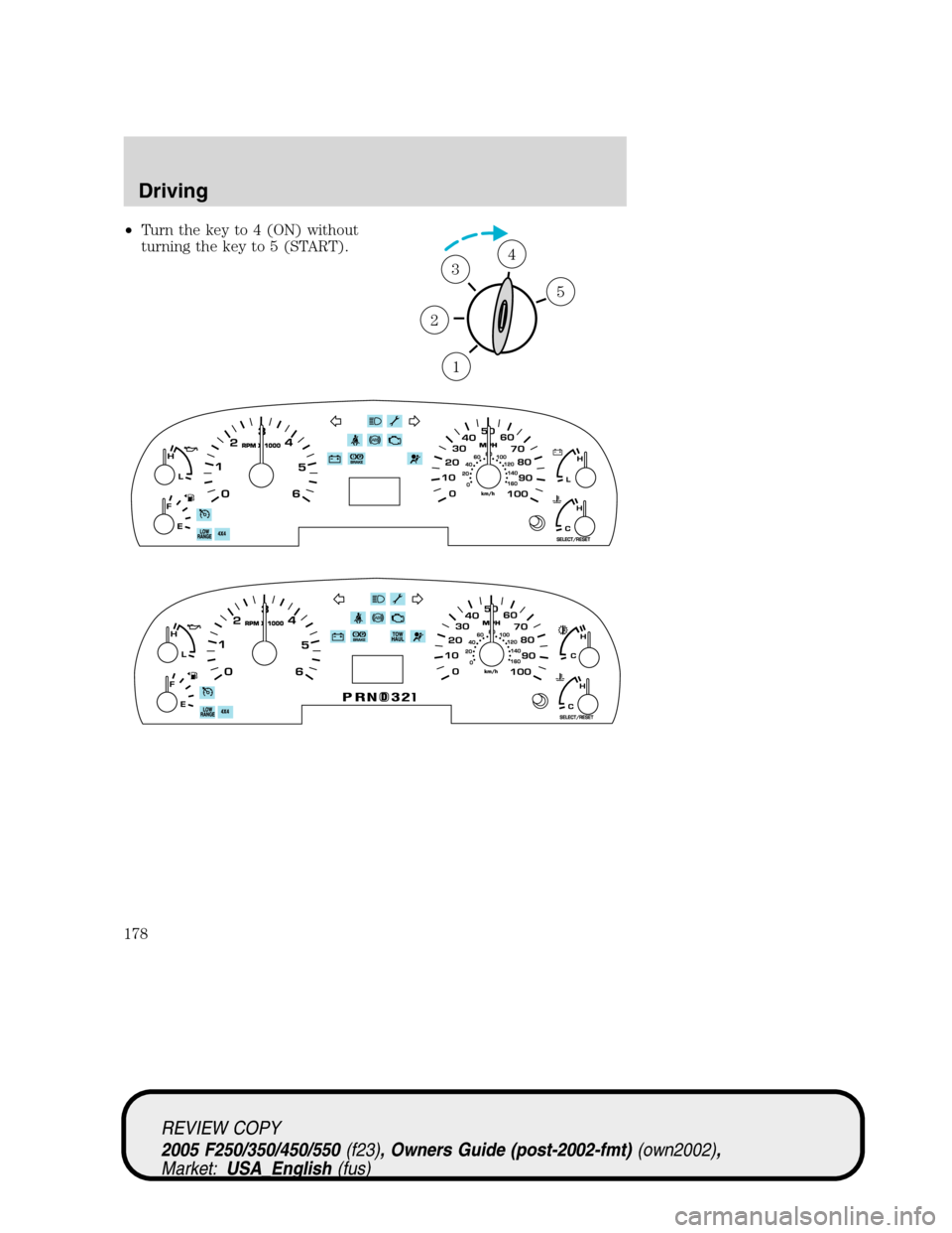 FORD SUPER DUTY 2005 1.G Owners Manual •Turn the key to 4 (ON) without
turning the key to 5 (START).
1
2
34
5
REVIEW COPY
2005 F250/350/450/550(f23), Owners Guide (post-2002-fmt)(own2002),
Market:USA_English(fus)
Driving
178 FORD SUPER DUTY 2005 1.G Owners Manual •Turn the key to 4 (ON) without
turning the key to 5 (START).
1
2
34
5
REVIEW COPY
2005 F250/350/450/550(f23), Owners Guide (post-2002-fmt)(own2002),
Market:USA_English(fus)
Driving
178