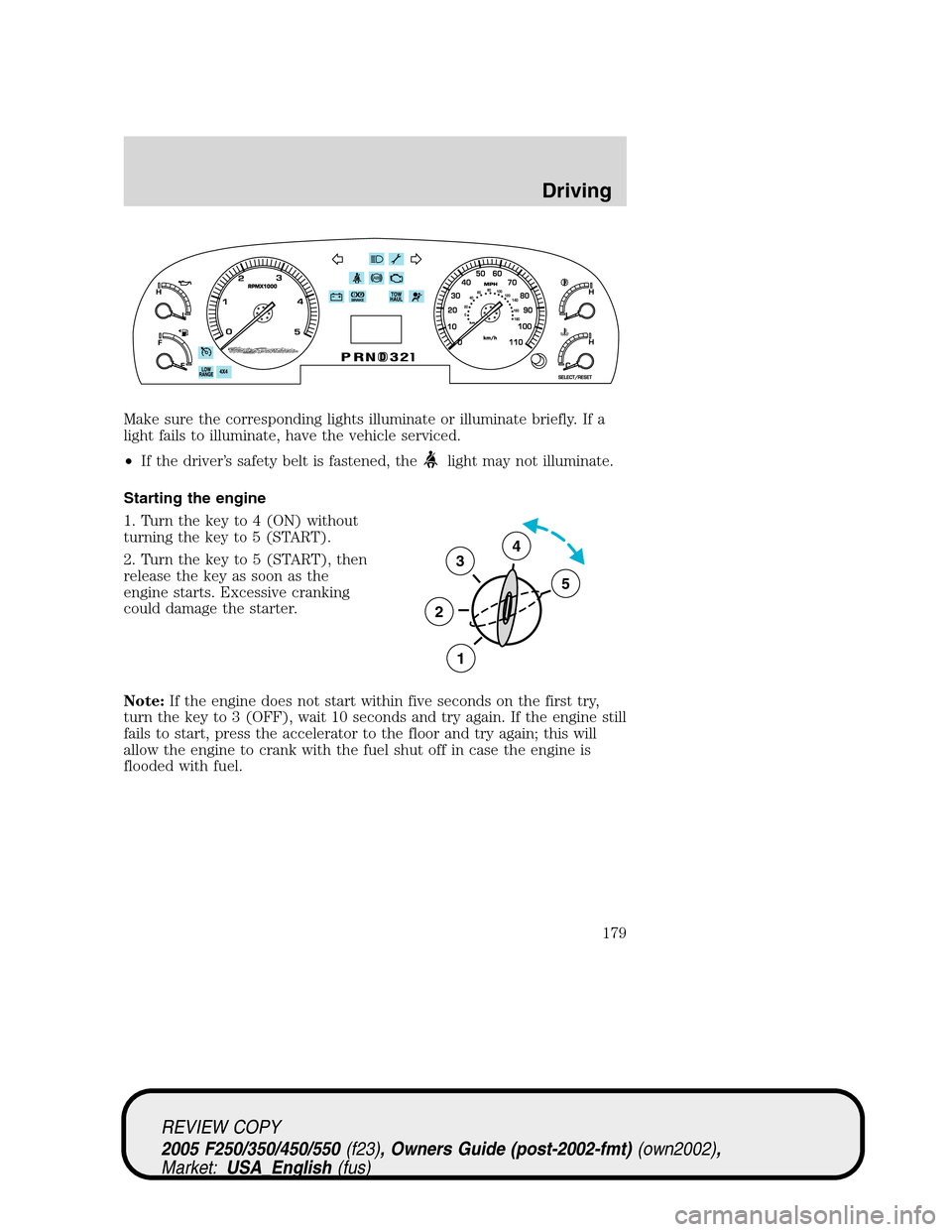 FORD SUPER DUTY 2005 1.G Owners Manual Make sure the corresponding lights illuminate or illuminate briefly. If a
light fails to illuminate, have the vehicle serviced.
•If the driver’s safety belt is fastened, the
light may not illumina FORD SUPER DUTY 2005 1.G Owners Manual Make sure the corresponding lights illuminate or illuminate briefly. If a
light fails to illuminate, have the vehicle serviced.
•If the driver’s safety belt is fastened, the
light may not illumina