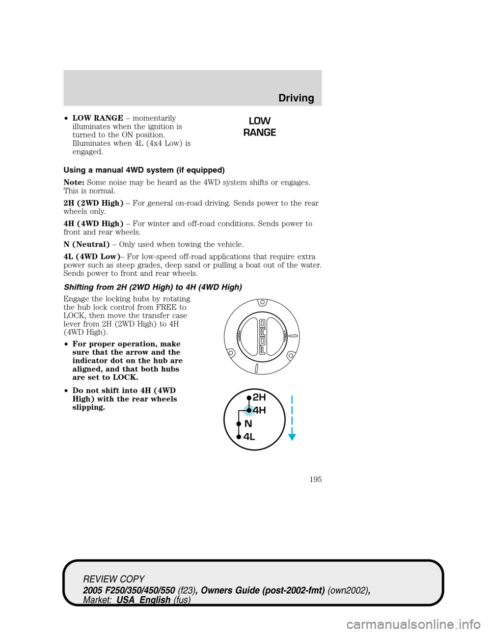 FORD SUPER DUTY 2005 1.G Owners Manual •LOW RANGE– momentarily
illuminates when the ignition is
turned to the ON position.
Illuminates when 4L (4x4 Low) is
engaged.
Using a manual 4WD system (if equipped)
Note:Some noise may be heard a FORD SUPER DUTY 2005 1.G Owners Manual •LOW RANGE– momentarily
illuminates when the ignition is
turned to the ON position.
Illuminates when 4L (4x4 Low) is
engaged.
Using a manual 4WD system (if equipped)
Note:Some noise may be heard a