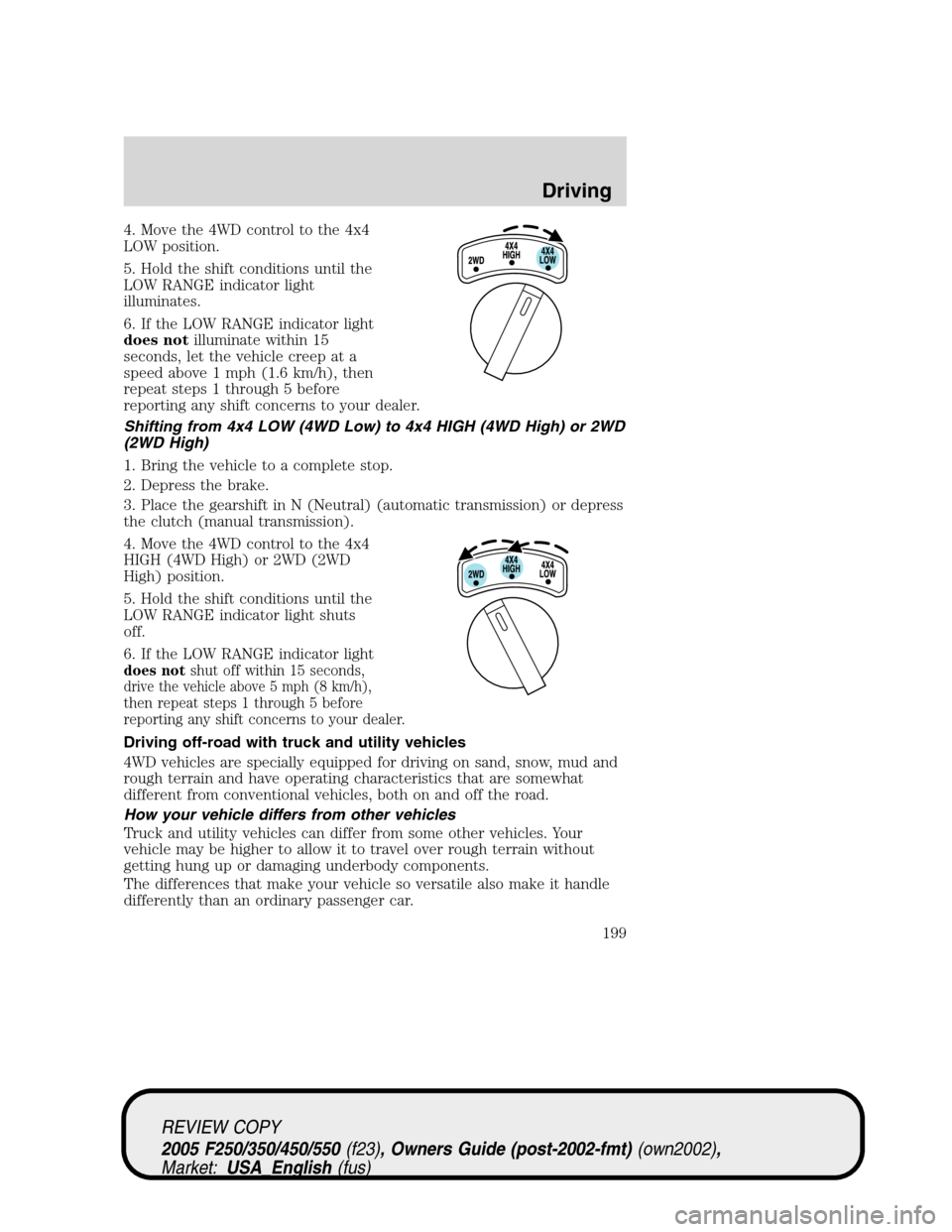 FORD SUPER DUTY 2005 1.G Owners Manual 4. Move the 4WD control to the 4x4
LOW position.
5. Hold the shift conditions until the
LOW RANGE indicator light
illuminates.
6. If the LOW RANGE indicator light
does notilluminate within 15
seconds, FORD SUPER DUTY 2005 1.G Owners Manual 4. Move the 4WD control to the 4x4
LOW position.
5. Hold the shift conditions until the
LOW RANGE indicator light
illuminates.
6. If the LOW RANGE indicator light
does notilluminate within 15
seconds,