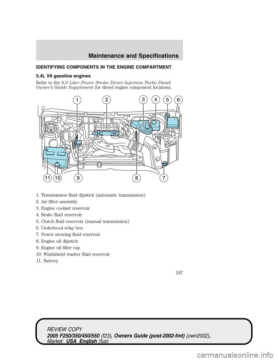 FORD SUPER DUTY 2005 1.G Owners Manual IDENTIFYING COMPONENTS IN THE ENGINE COMPARTMENT
5.4L V8 gasoline engines
Refer to the6.0 Liter Power Stroke Direct Injection Turbo Diesel
Owner’s Guide Supplementfor diesel engine component locatio