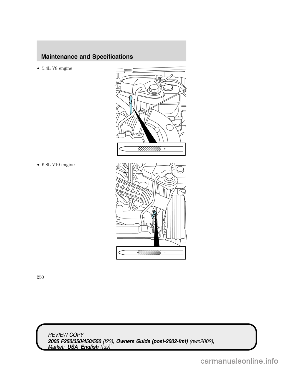 FORD SUPER DUTY 2005 1.G Owners Manual •5.4L V8 engine
•6.8L V10 engine
REVIEW COPY
2005 F250/350/450/550(f23), Owners Guide (post-2002-fmt)(own2002),
Market:USA_English(fus)
Maintenance and Specifications
250 
