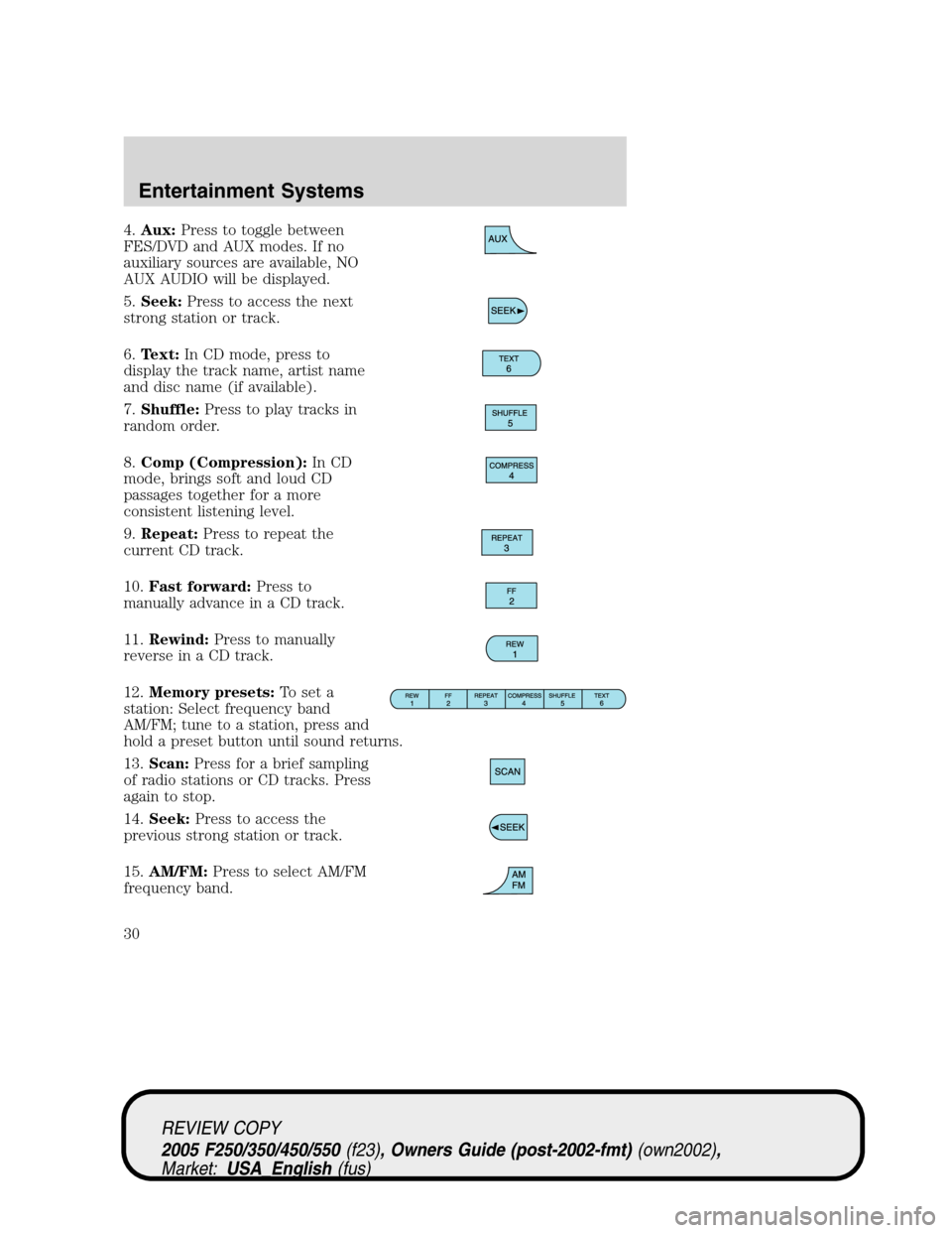 FORD SUPER DUTY 2005 1.G Owners Manual 4.Aux:Press to toggle between
FES/DVD and AUX modes. If no
auxiliary sources are available, NO
AUX AUDIO will be displayed.
5.Seek:Press to access the next
strong station or track.
6.Text:In CD mode, FORD SUPER DUTY 2005 1.G Owners Manual 4.Aux:Press to toggle between
FES/DVD and AUX modes. If no
auxiliary sources are available, NO
AUX AUDIO will be displayed.
5.Seek:Press to access the next
strong station or track.
6.Text:In CD mode,
