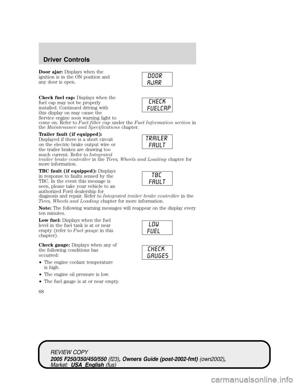 FORD SUPER DUTY 2005 1.G Owners Manual Door ajar:Displays when the
ignition is in the ON position and
any door is open.
Check fuel cap:Displays when the
fuel cap may not be properly
installed. Continued driving with
this display on may cau