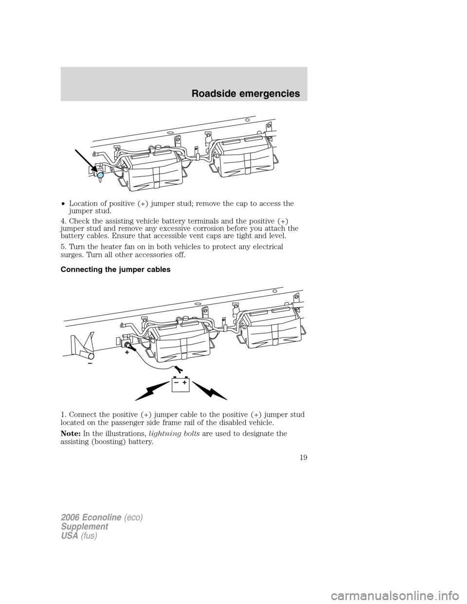 FORD SUPER DUTY 2006 1.G Diesel Supplement Manual •Location of positive (+) jumper stud; remove the cap to access the
jumper stud.
4. Check the assisting vehicle battery terminals and the positive (+)
jumper stud and remove any excessive corrosion FORD SUPER DUTY 2006 1.G Diesel Supplement Manual •Location of positive (+) jumper stud; remove the cap to access the
jumper stud.
4. Check the assisting vehicle battery terminals and the positive (+)
jumper stud and remove any excessive corrosion