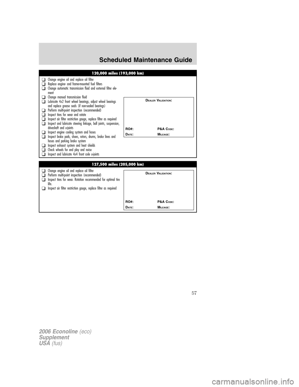 FORD SUPER DUTY 2006 1.G Diesel Supplement Manual 
120,000 miles (193,000 km)
❑Change engine oil and replace oil filter❑Replace engine- and frame-mounted fuel filters❑Change automatic transmission fluid and external filter ele-
ment
❑Change m