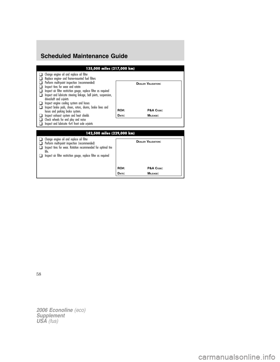 FORD SUPER DUTY 2006 1.G Diesel Supplement Manual 
135,000 miles (217,000 km)
❑Change engine oil and replace oil filter❑Replace engine- and frame-mounted fuel filters❑Perform multi-point inspection (recommended)❑Inspect tires for wear and rot