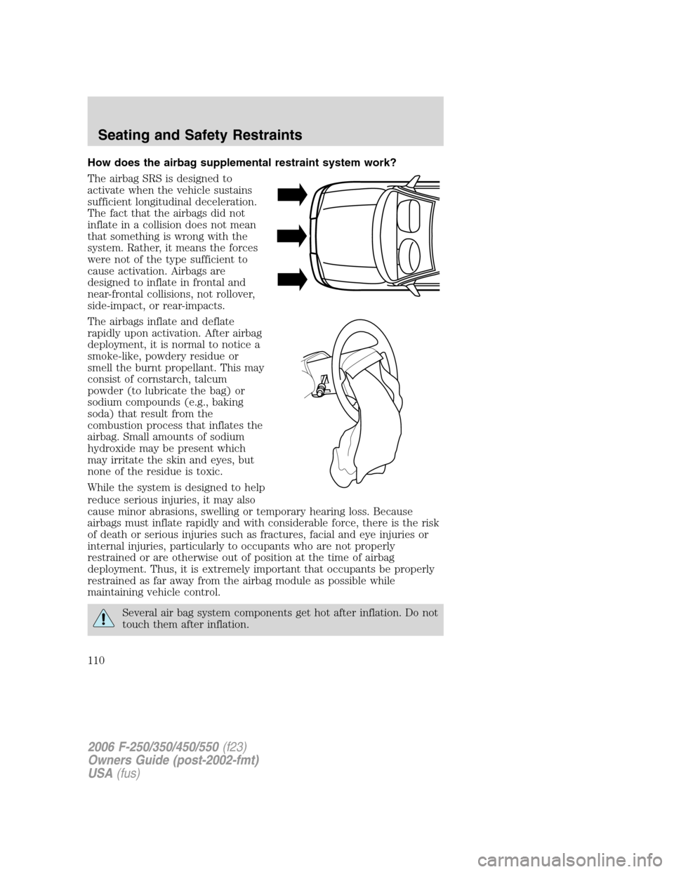 FORD SUPER DUTY 2006 1.G Owners Manual How does the airbag supplemental restraint system work?
The airbag SRS is designed to
activate when the vehicle sustains
sufficient longitudinal deceleration.
The fact that the airbags did not
inflate