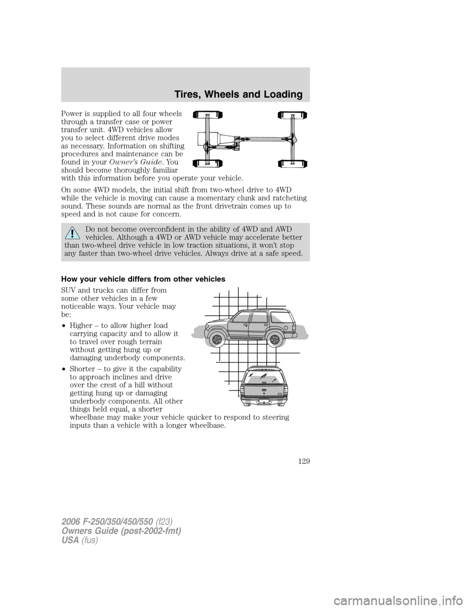 FORD SUPER DUTY 2006 1.G Owners Manual Power is supplied to all four wheels
through a transfer case or power
transfer unit. 4WD vehicles allow
you to select different drive modes
as necessary. Information on shifting
procedures and mainten