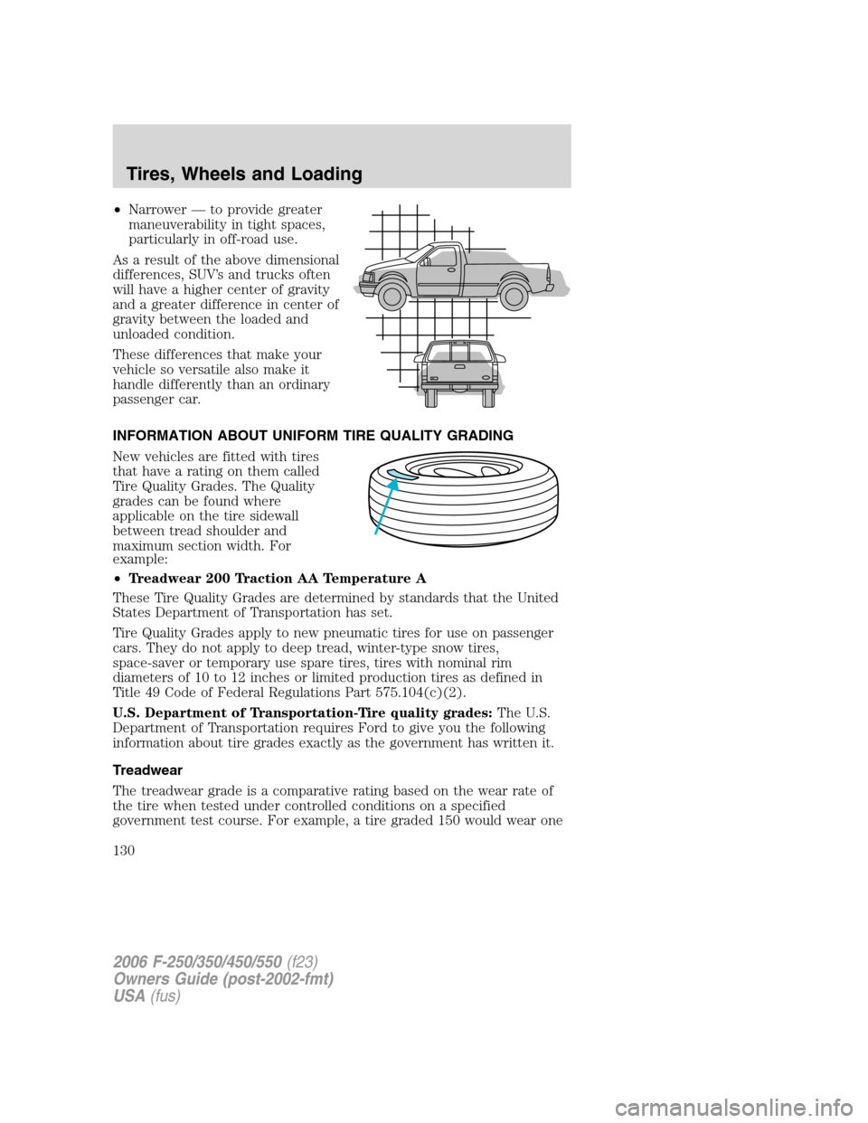 FORD SUPER DUTY 2006 1.G Owners Manual •Narrower — to provide greater
maneuverability in tight spaces,
particularly in off-road use.
As a result of the above dimensional
differences, SUV’s and trucks often
will have a higher center o FORD SUPER DUTY 2006 1.G Owners Manual •Narrower — to provide greater
maneuverability in tight spaces,
particularly in off-road use.
As a result of the above dimensional
differences, SUV’s and trucks often
will have a higher center o