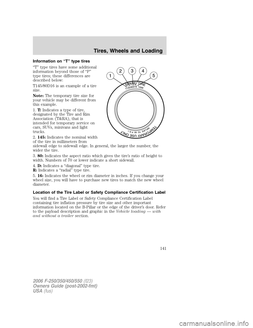 FORD SUPER DUTY 2006 1.G Owners Manual Information on “T” type tires
“T” type tires have some additional
information beyond those of “P”
type tires; these differences are
described below:
T145/80D16 is an example of a tire
size FORD SUPER DUTY 2006 1.G Owners Manual Information on “T” type tires
“T” type tires have some additional
information beyond those of “P”
type tires; these differences are
described below:
T145/80D16 is an example of a tire
size