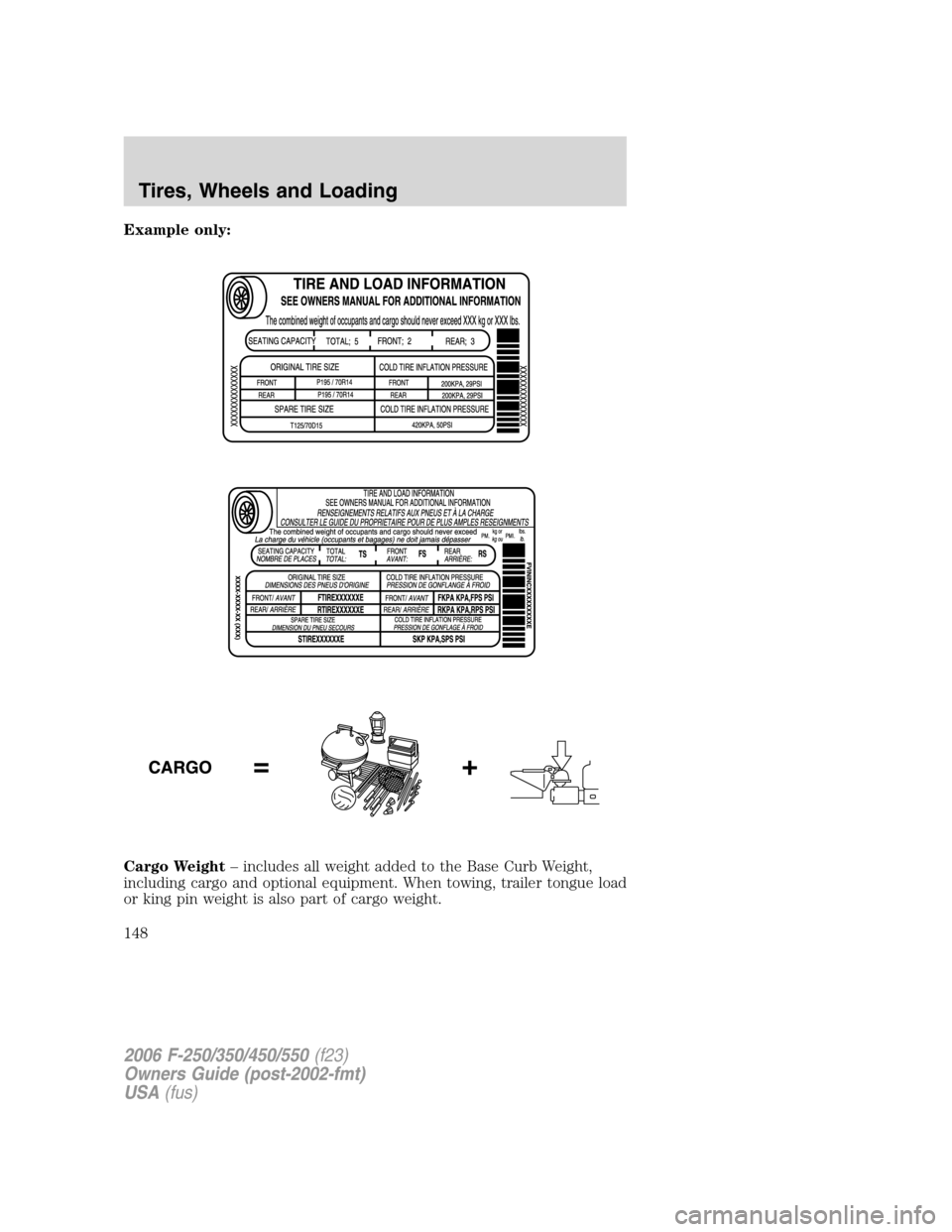 FORD SUPER DUTY 2006 1.G Owners Manual Example only:
Cargo Weight– includes all weight added to the Base Curb Weight,
including cargo and optional equipment. When towing, trailer tongue load
or king pin weight is also part of cargo weigh FORD SUPER DUTY 2006 1.G Owners Manual Example only:
Cargo Weight– includes all weight added to the Base Curb Weight,
including cargo and optional equipment. When towing, trailer tongue load
or king pin weight is also part of cargo weigh