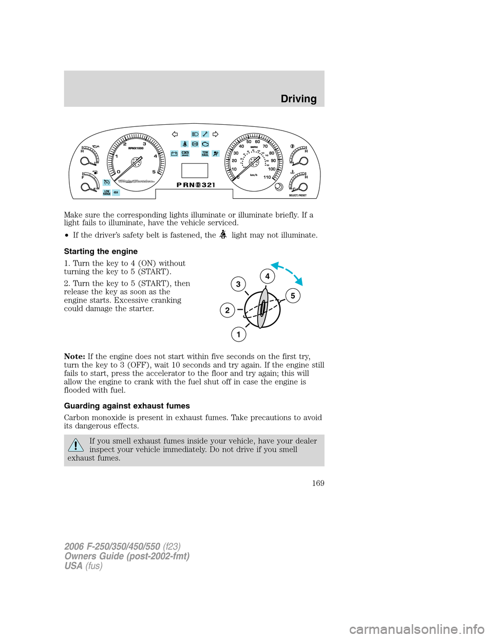 FORD SUPER DUTY 2006 1.G Owners Manual Make sure the corresponding lights illuminate or illuminate briefly. If a
light fails to illuminate, have the vehicle serviced.
•If the driver’s safety belt is fastened, the
light may not illumina FORD SUPER DUTY 2006 1.G Owners Manual Make sure the corresponding lights illuminate or illuminate briefly. If a
light fails to illuminate, have the vehicle serviced.
•If the driver’s safety belt is fastened, the
light may not illumina