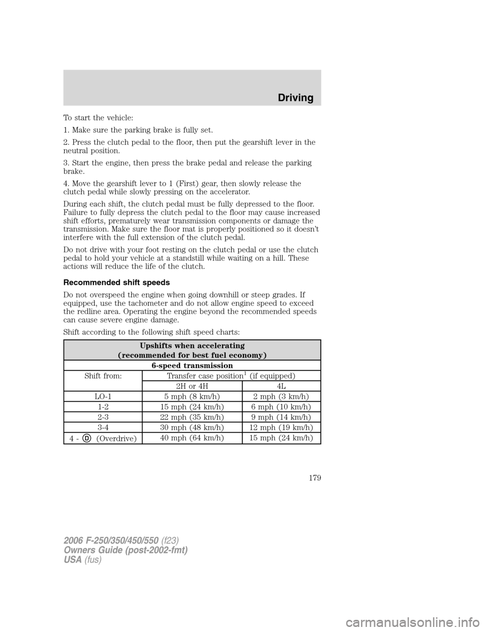 FORD SUPER DUTY 2006 1.G Owners Manual To start the vehicle:
1. Make sure the parking brake is fully set.
2. Press the clutch pedal to the floor, then put the gearshift lever in the
neutral position.
3. Start the engine, then press the bra FORD SUPER DUTY 2006 1.G Owners Manual To start the vehicle:
1. Make sure the parking brake is fully set.
2. Press the clutch pedal to the floor, then put the gearshift lever in the
neutral position.
3. Start the engine, then press the bra
