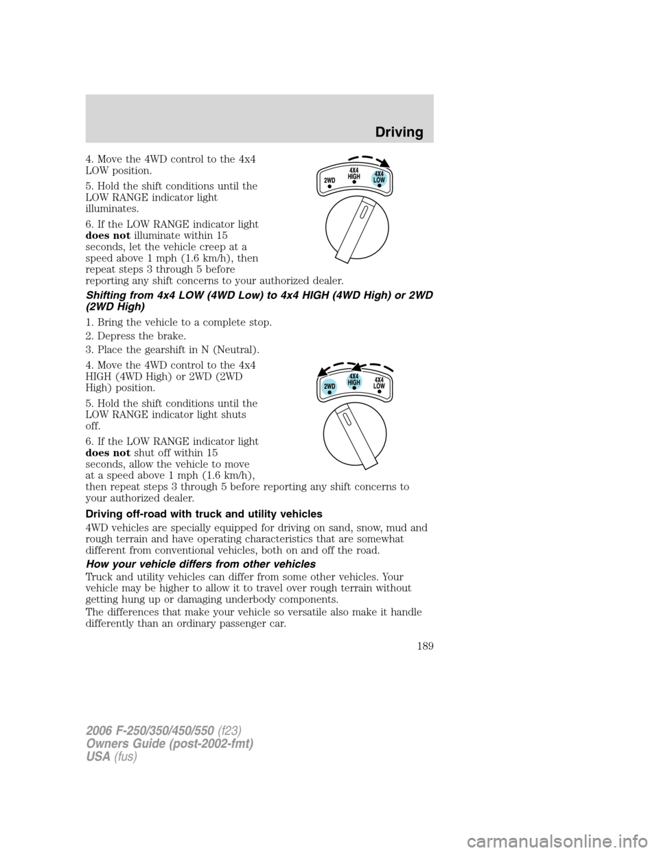 FORD SUPER DUTY 2006 1.G Owners Manual 4. Move the 4WD control to the 4x4
LOW position.
5. Hold the shift conditions until the
LOW RANGE indicator light
illuminates.
6. If the LOW RANGE indicator light
does notilluminate within 15
seconds, FORD SUPER DUTY 2006 1.G Owners Manual 4. Move the 4WD control to the 4x4
LOW position.
5. Hold the shift conditions until the
LOW RANGE indicator light
illuminates.
6. If the LOW RANGE indicator light
does notilluminate within 15
seconds,