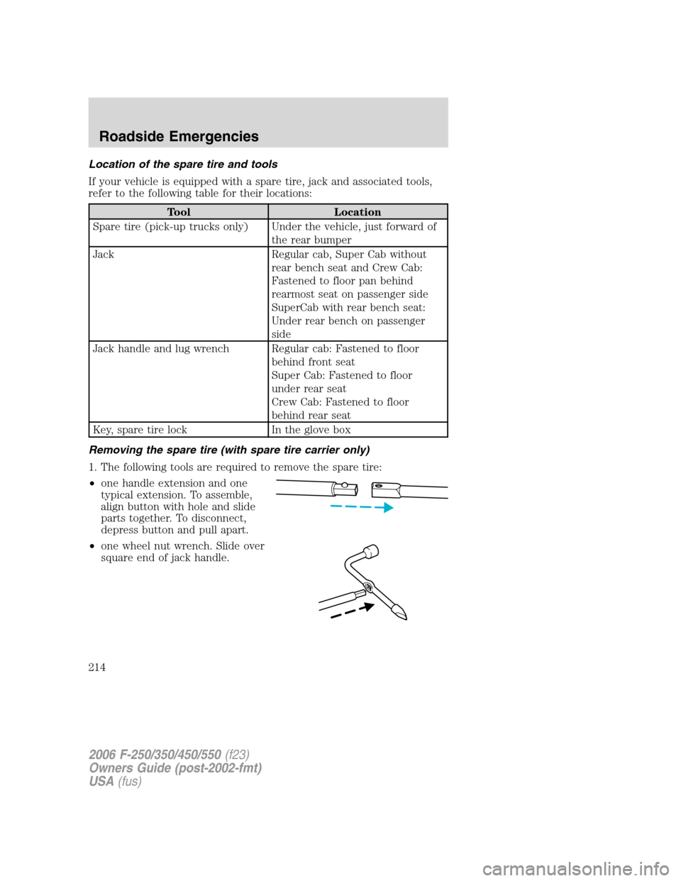 FORD SUPER DUTY 2006 1.G Owners Manual Location of the spare tire and tools
If your vehicle is equipped with a spare tire, jack and associated tools,
refer to the following table for their locations:
Tool Location
Spare tire (pick-up truck FORD SUPER DUTY 2006 1.G Owners Manual Location of the spare tire and tools
If your vehicle is equipped with a spare tire, jack and associated tools,
refer to the following table for their locations:
Tool Location
Spare tire (pick-up truck