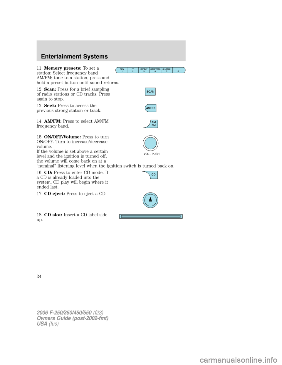 FORD SUPER DUTY 2006 1.G Owners Manual 11.Memory presets:To set a
station: Select frequency band
AM/FM; tune to a station, press and
hold a preset button until sound returns.
12.Scan:Press for a brief sampling
of radio stations or CD track FORD SUPER DUTY 2006 1.G Owners Manual 11.Memory presets:To set a
station: Select frequency band
AM/FM; tune to a station, press and
hold a preset button until sound returns.
12.Scan:Press for a brief sampling
of radio stations or CD track