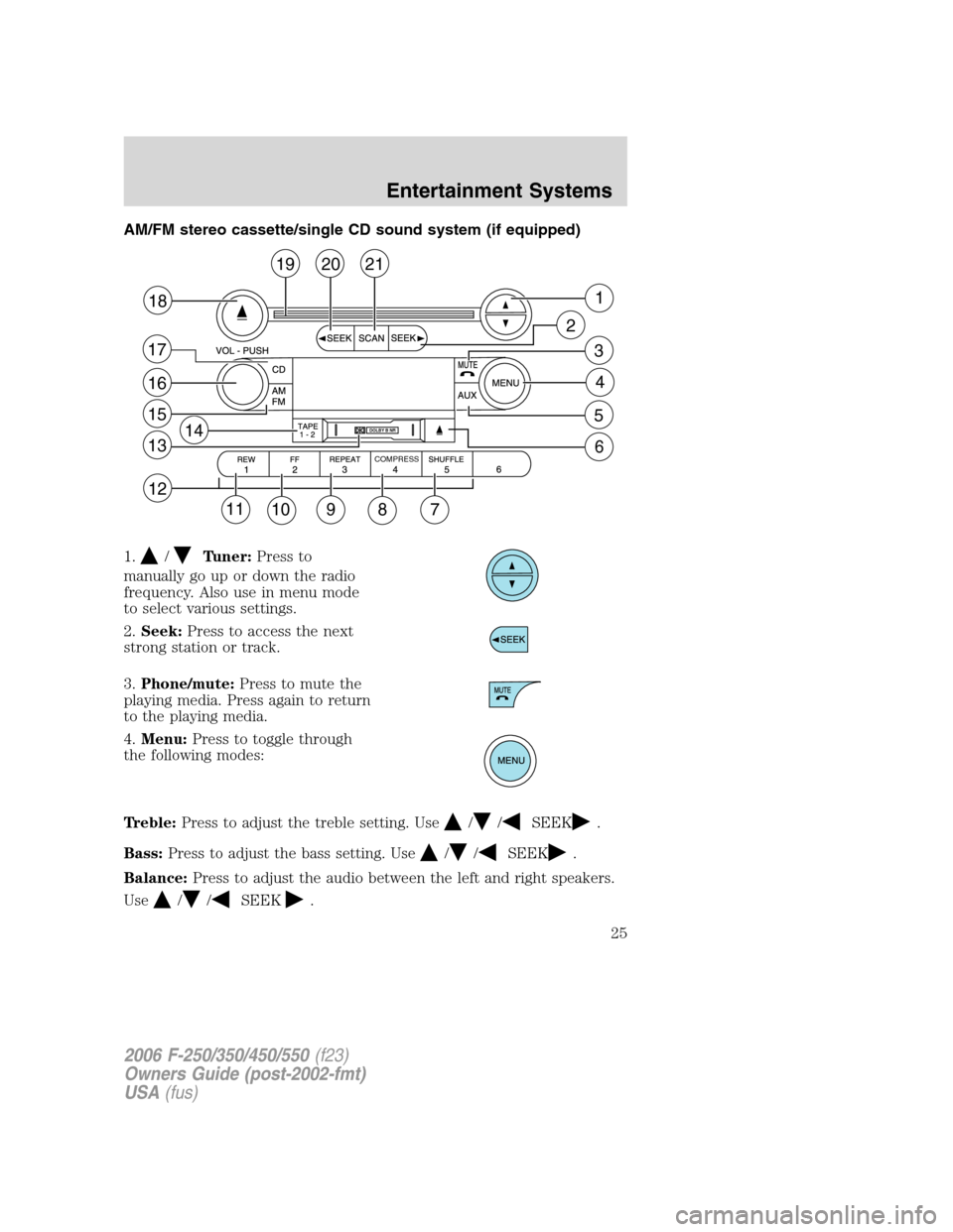 FORD SUPER DUTY 2006 1.G Owners Manual AM/FM stereo cassette/single CD sound system (if equipped)
1.
/Tuner:Press to
manually go up or down the radio
frequency. Also use in menu mode
to select various settings.
2.Seek:Press to access the n