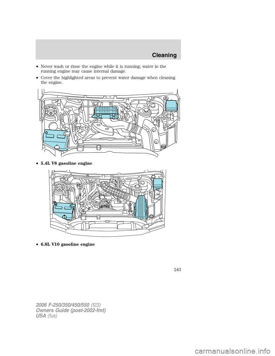 FORD SUPER DUTY 2006 1.G Owners Manual •Never wash or rinse the engine while it is running; water in the
running engine may cause internal damage.
•Cover the highlighted areas to prevent water damage when cleaning
the engine.
•5.4L V
