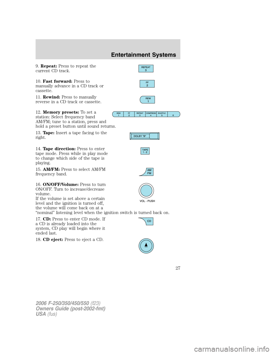 FORD SUPER DUTY 2006 1.G Owners Manual 9.Repeat:Press to repeat the
current CD track.
10.Fast forward:Press to
manually advance in a CD track or
cassette.
11.Rewind:Press to manually
reverse in a CD track or cassette.
12.Memory presets:To 