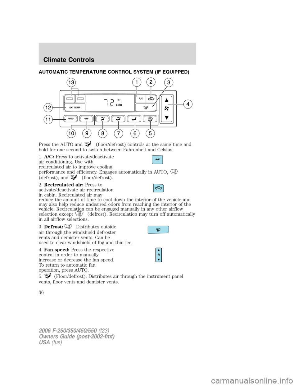 FORD SUPER DUTY 2006 1.G Owners Guide AUTOMATIC TEMPERATURE CONTROL SYSTEM (IF EQUIPPED)
Press the AUTO and
(floor/defrost) controls at the same time and
hold for one second to switch between Fahrenheit and Celsius.
1.A/C:Press to activat