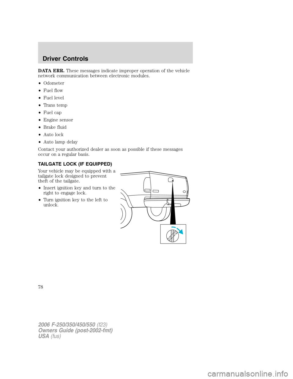 FORD SUPER DUTY 2006 1.G Manual PDF DATA ERR.These messages indicate improper operation of the vehicle
network communication between electronic modules.
•Odometer
•Fuel flow
•Fuel level
•Trans temp
•Fuel cap
•Engine sensor
FORD SUPER DUTY 2006 1.G Manual PDF DATA ERR.These messages indicate improper operation of the vehicle
network communication between electronic modules.
•Odometer
•Fuel flow
•Fuel level
•Trans temp
•Fuel cap
•Engine sensor