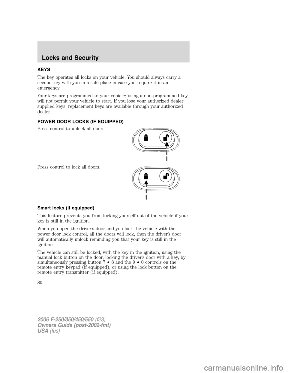 FORD SUPER DUTY 2006 1.G Manual PDF KEYS
The key operates all locks on your vehicle. You should always carry a
second key with you in a safe place in case you require it in an
emergency.
Your keys are programmed to your vehicle; using a FORD SUPER DUTY 2006 1.G Manual PDF KEYS
The key operates all locks on your vehicle. You should always carry a
second key with you in a safe place in case you require it in an
emergency.
Your keys are programmed to your vehicle; using a