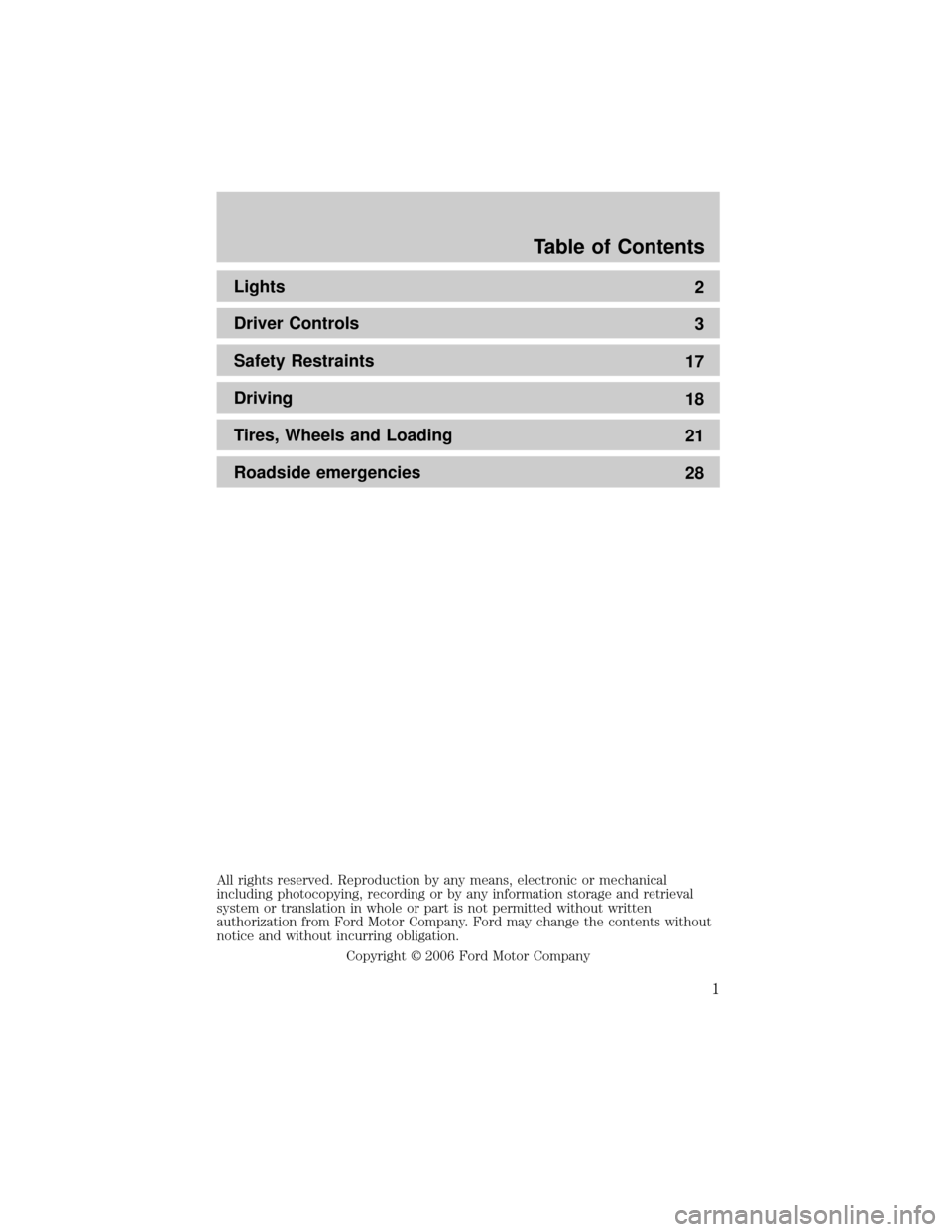 FORD SUPER DUTY 2006 1.G Special Off-Road Package Supplement Manual Lights
2
Driver Controls
3
Safety Restraints
17
Driving
18
Tires, Wheels and Loading
21
Roadside emergencies
28
All rights reserved. Reproduction by any means, electronic or mechanical
including photo