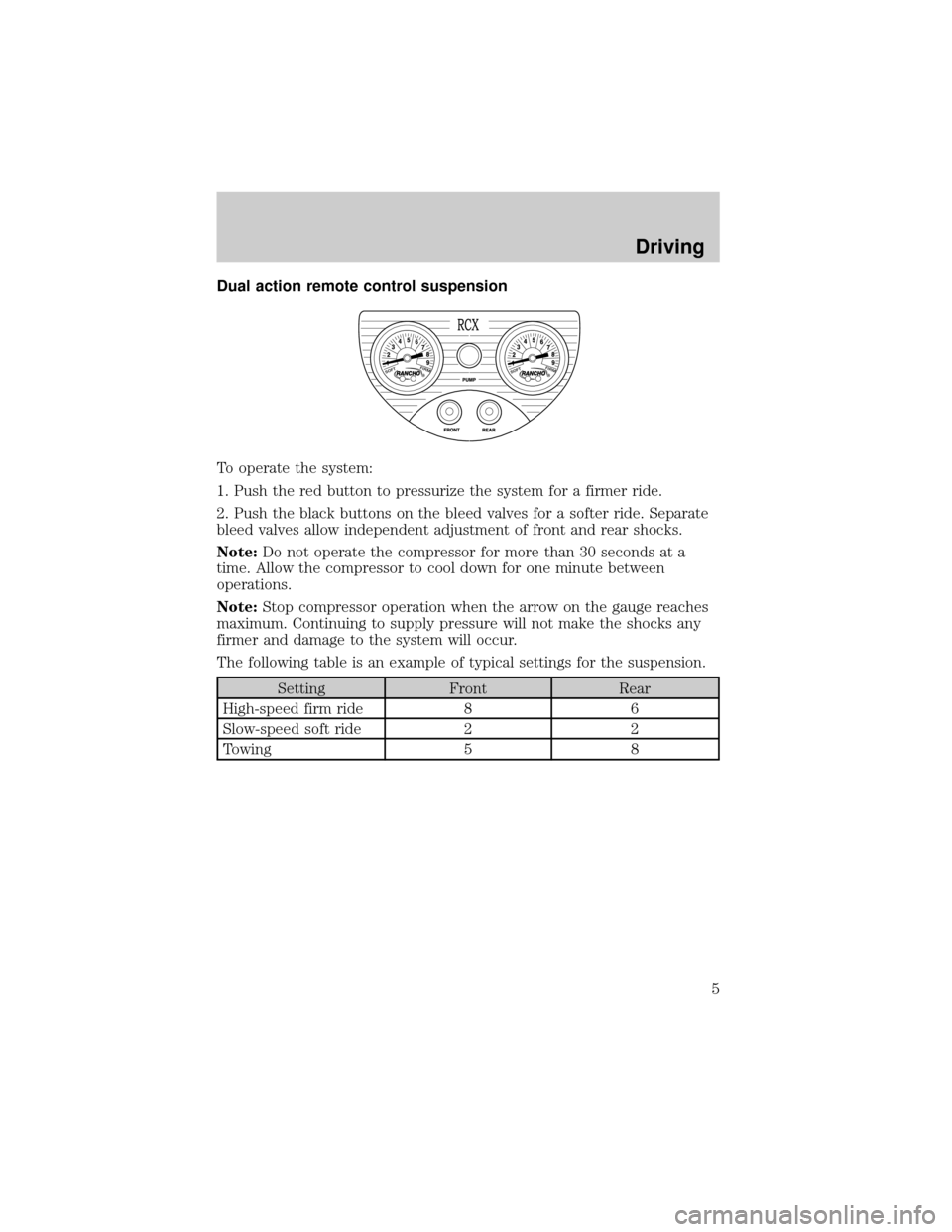 FORD SUPER DUTY 2006 1.G Special Service Package Supplement Manual Dual action remote control suspension
To operate the system:
1. Push the red button to pressurize the system for a firmer ride.
2. Push the black buttons on the bleed valves for a softer ride. Separat