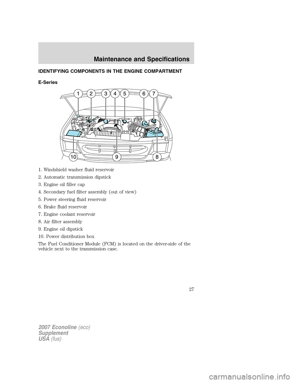 FORD SUPER DUTY 2007 1.G Diesel Supplement Manual IDENTIFYING COMPONENTS IN THE ENGINE COMPARTMENT
E-Series
1. Windshield washer fluid reservoir
2. Automatic transmission dipstick
3. Engine oil filler cap
4. Secondary fuel filter assembly (out of vie FORD SUPER DUTY 2007 1.G Diesel Supplement Manual IDENTIFYING COMPONENTS IN THE ENGINE COMPARTMENT
E-Series
1. Windshield washer fluid reservoir
2. Automatic transmission dipstick
3. Engine oil filler cap
4. Secondary fuel filter assembly (out of vie