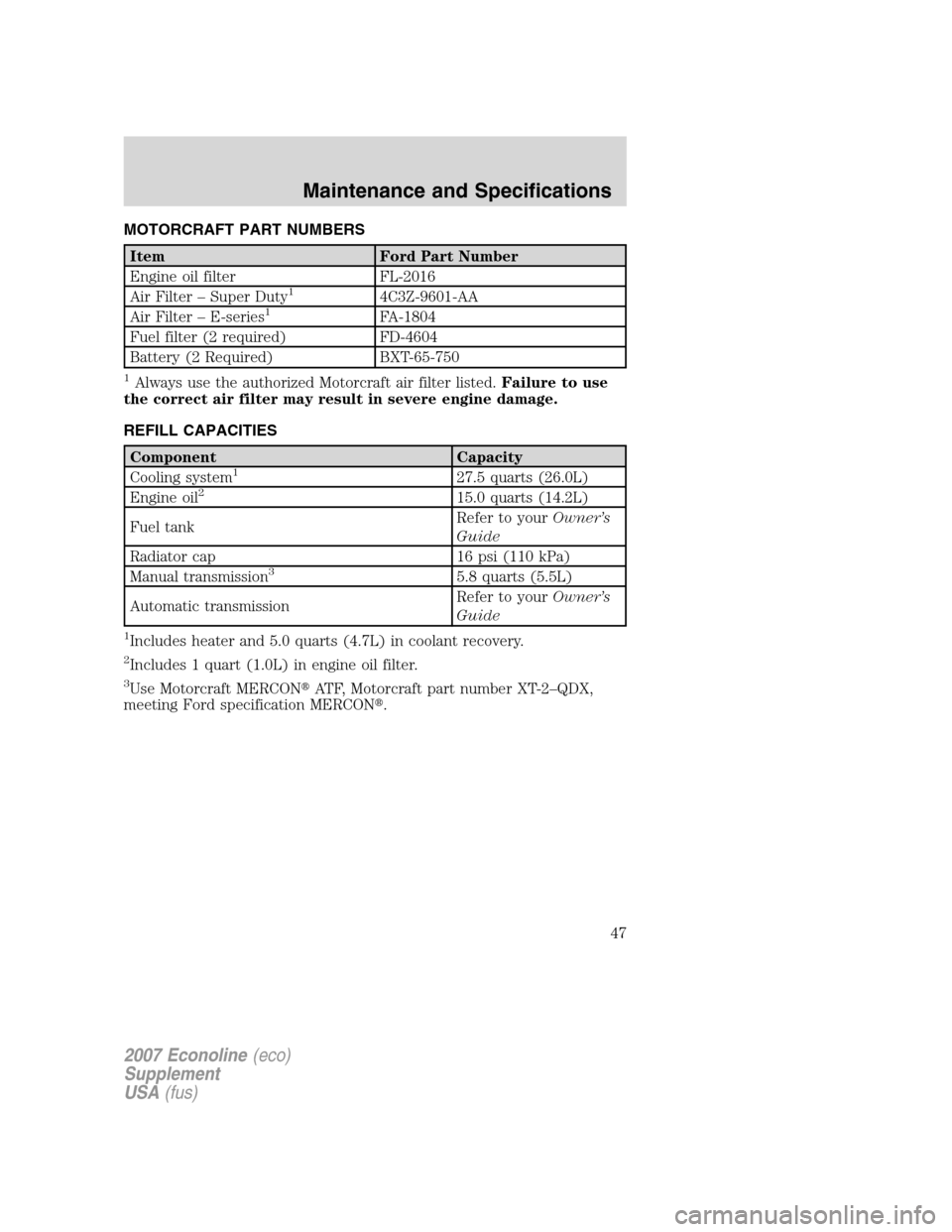 FORD SUPER DUTY 2007 1.G Diesel Supplement Manual MOTORCRAFT PART NUMBERS
Item Ford Part Number
Engine oil filter FL-2016
Air Filter – Super Duty
14C3Z-9601-AA
Air Filter – E-series1FA-1804
Fuel filter (2 required) FD-4604
Battery (2 Required) BX