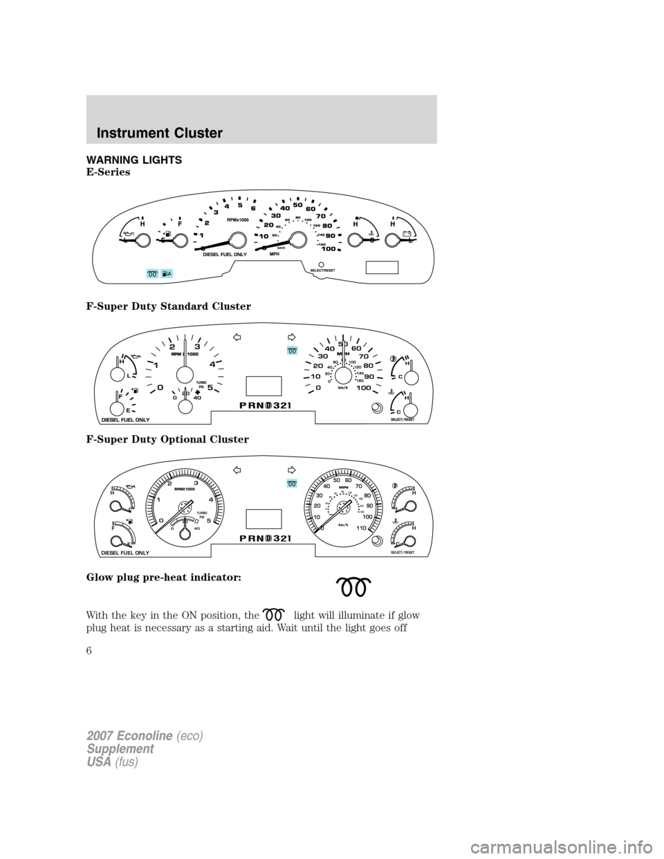 FORD SUPER DUTY 2007 1.G Diesel Supplement Manual WARNING LIGHTS
E-Series
F-Super Duty Standard Cluster
F-Super Duty Optional Cluster
Glow plug pre-heat indicator:
With the key in the ON position, the
light will illuminate if glow
plug heat is necess