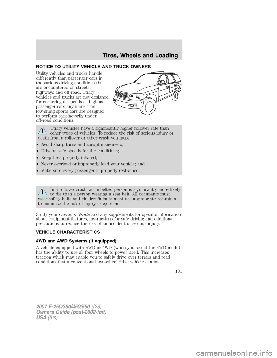 FORD SUPER DUTY 2007 1.G Owners Manual NOTICE TO UTILITY VEHICLE AND TRUCK OWNERS
Utility vehicles and trucks handle
differently than passenger cars in
the various driving conditions that
are encountered on streets,
highways and off-road. FORD SUPER DUTY 2007 1.G Owners Manual NOTICE TO UTILITY VEHICLE AND TRUCK OWNERS
Utility vehicles and trucks handle
differently than passenger cars in
the various driving conditions that
are encountered on streets,
highways and off-road.
