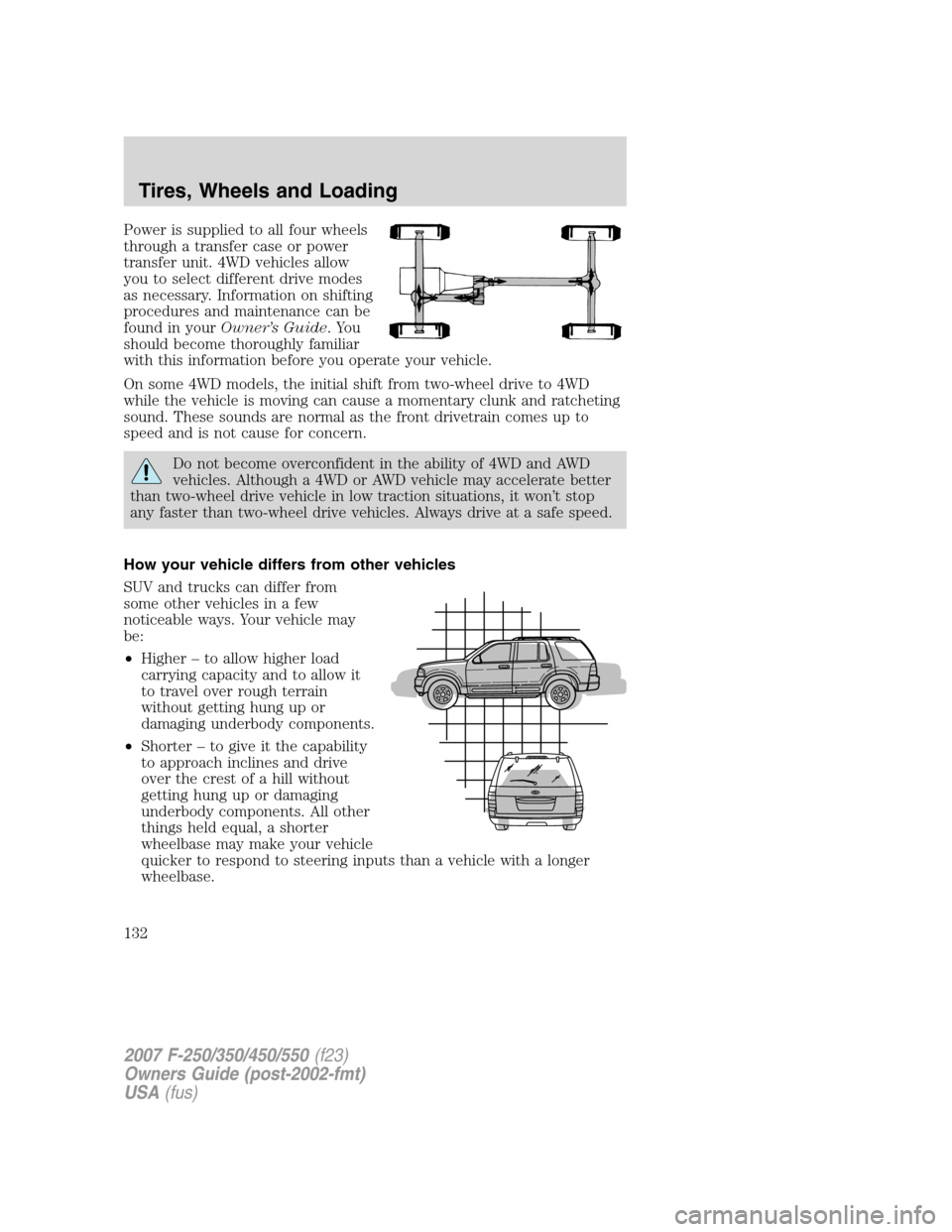 FORD SUPER DUTY 2007 1.G Owners Manual Power is supplied to all four wheels
through a transfer case or power
transfer unit. 4WD vehicles allow
you to select different drive modes
as necessary. Information on shifting
procedures and mainten FORD SUPER DUTY 2007 1.G Owners Manual Power is supplied to all four wheels
through a transfer case or power
transfer unit. 4WD vehicles allow
you to select different drive modes
as necessary. Information on shifting
procedures and mainten