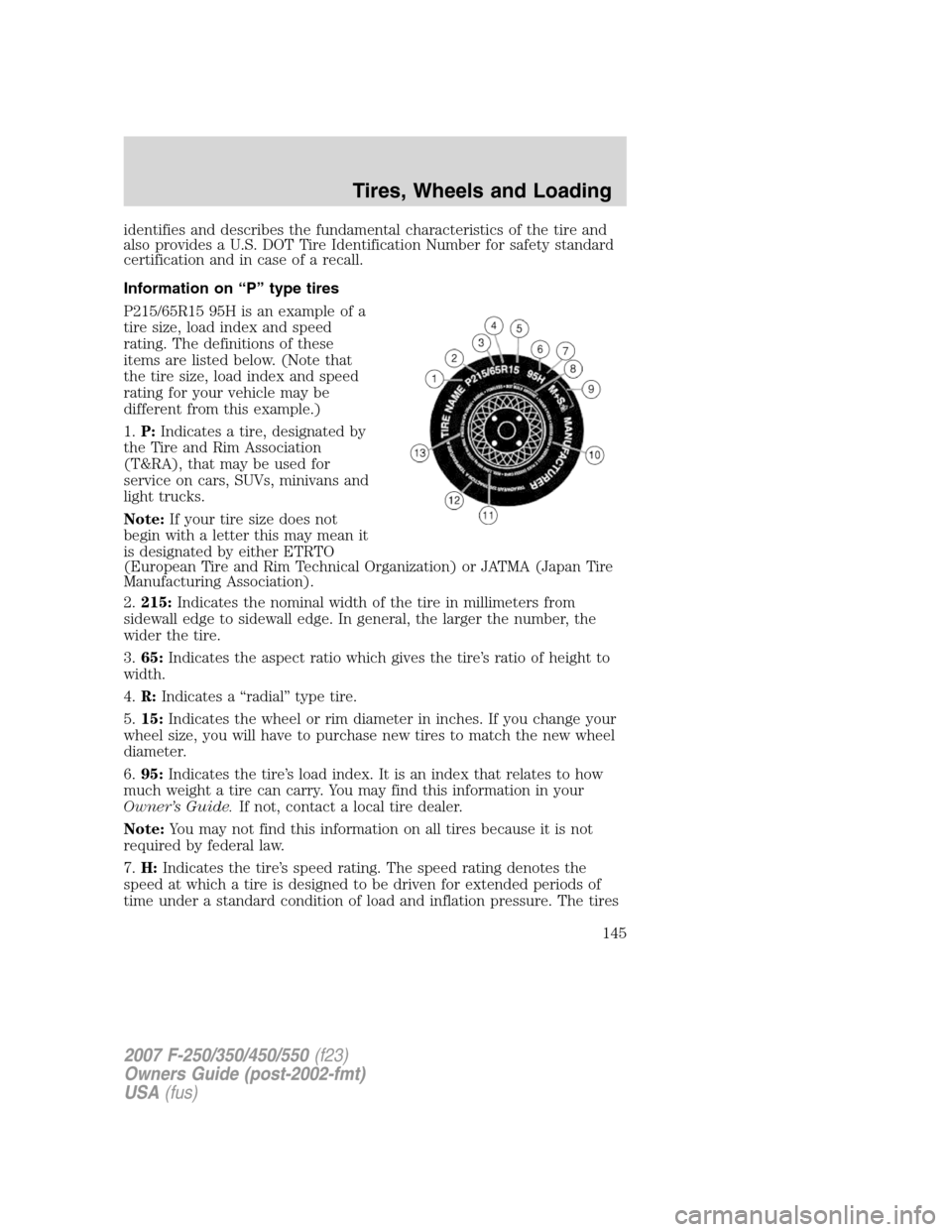 FORD SUPER DUTY 2007 1.G Owners Manual identifies and describes the fundamental characteristics of the tire and
also provides a U.S. DOT Tire Identification Number for safety standard
certification and in case of a recall.
Information on FORD SUPER DUTY 2007 1.G Owners Manual identifies and describes the fundamental characteristics of the tire and
also provides a U.S. DOT Tire Identification Number for safety standard
certification and in case of a recall.
Information on