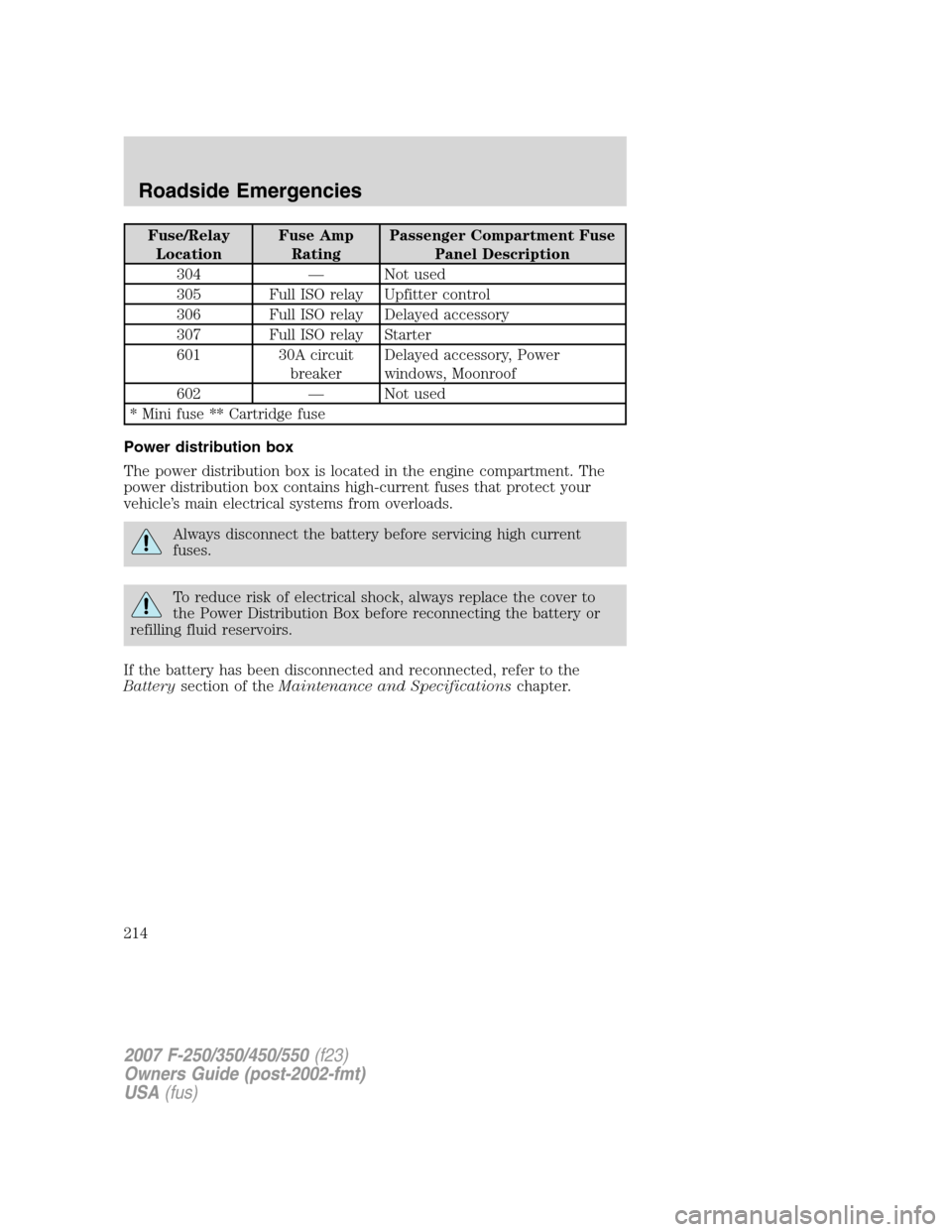 FORD SUPER DUTY 2007 1.G Owners Manual Fuse/Relay
LocationFuse Amp
RatingPassenger Compartment Fuse
Panel Description
304 — Not used
305 Full ISO relay Upfitter control
306 Full ISO relay Delayed accessory
307 Full ISO relay Starter
601 FORD SUPER DUTY 2007 1.G Owners Manual Fuse/Relay
LocationFuse Amp
RatingPassenger Compartment Fuse
Panel Description
304 — Not used
305 Full ISO relay Upfitter control
306 Full ISO relay Delayed accessory
307 Full ISO relay Starter
601