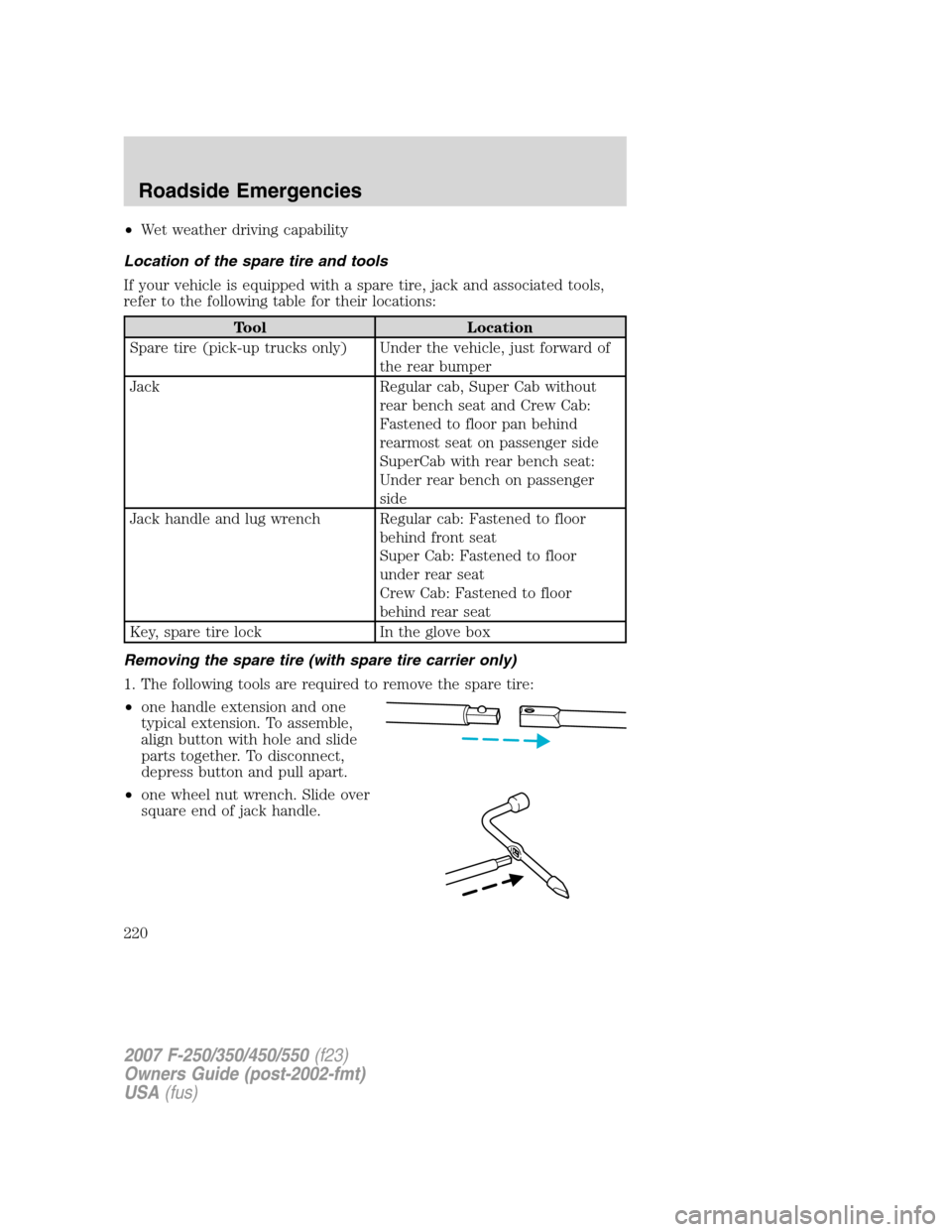 FORD SUPER DUTY 2007 1.G Owners Manual •Wet weather driving capability
Location of the spare tire and tools
If your vehicle is equipped with a spare tire, jack and associated tools,
refer to the following table for their locations:
Tool FORD SUPER DUTY 2007 1.G Owners Manual •Wet weather driving capability
Location of the spare tire and tools
If your vehicle is equipped with a spare tire, jack and associated tools,
refer to the following table for their locations:
Tool