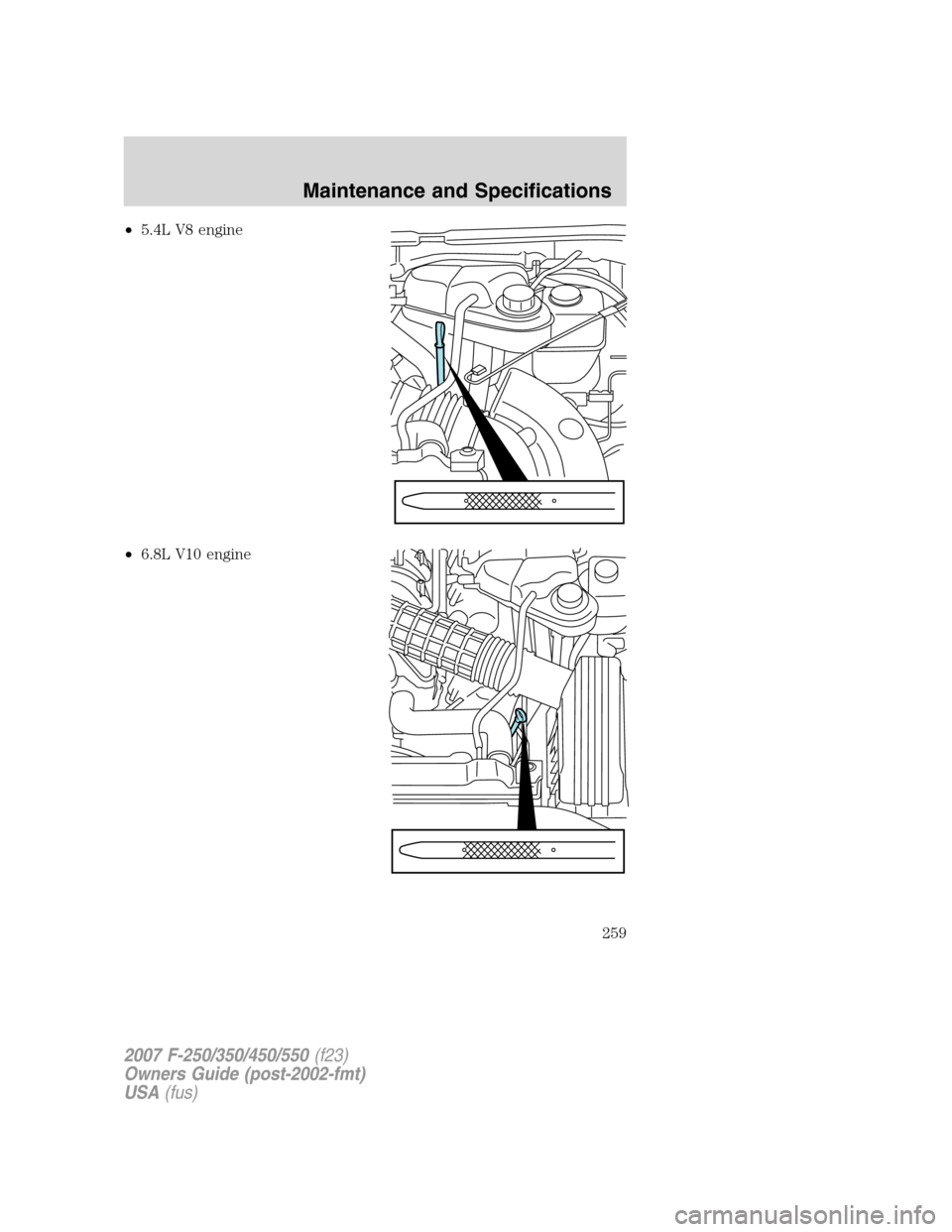 FORD SUPER DUTY 2007 1.G Owners Manual •5.4L V8 engine
•6.8L V10 engine
2007 F-250/350/450/550(f23)
Owners Guide (post-2002-fmt)
USA(fus)
Maintenance and Specifications
259 FORD SUPER DUTY 2007 1.G Owners Manual •5.4L V8 engine
•6.8L V10 engine
2007 F-250/350/450/550(f23)
Owners Guide (post-2002-fmt)
USA(fus)
Maintenance and Specifications
259
